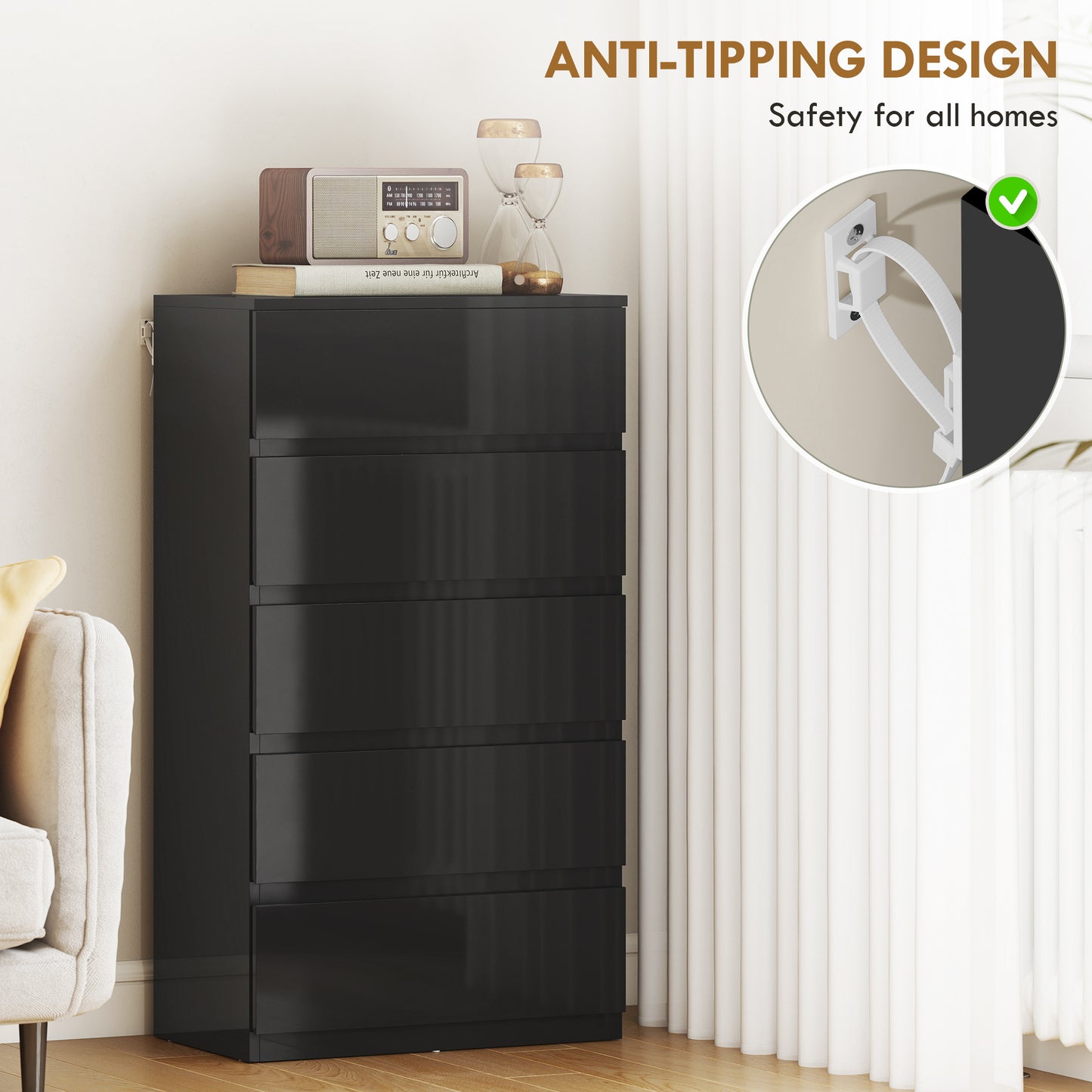 HOMCOM Five Drawer Chest Of Drawers Modern Dresser Storage Cabinet For Bedroom Organization