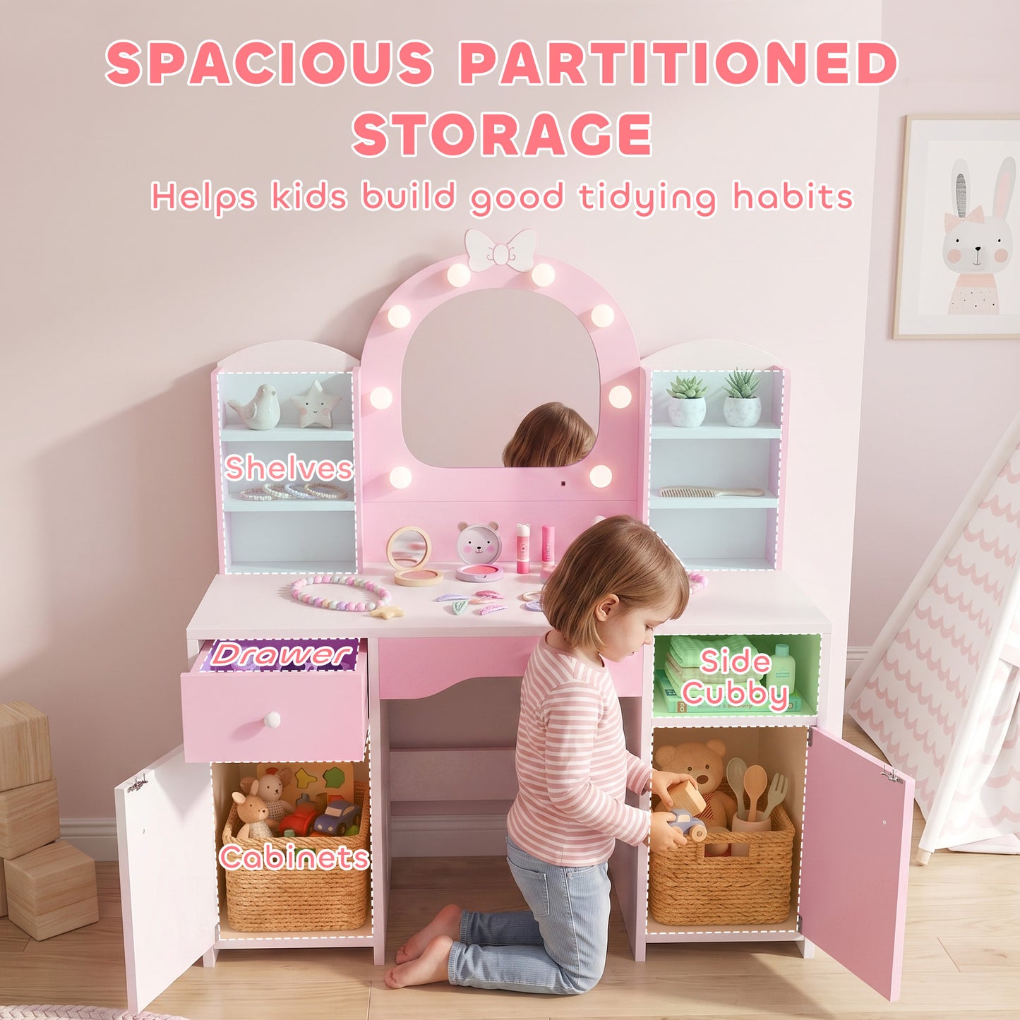 AIYAPLAY Kids Vanity Set Pink With Lighted Mirror And Storage Stool
