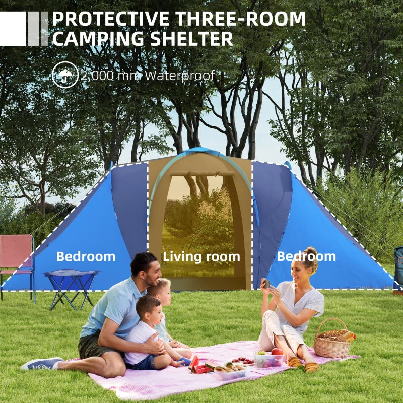 Outsunny Large Camping Tunnel Tent with 2 Bedrooms and Living Area - 2000mm Waterproof, Portable Design with Bag for 4-6 People - Blue Family Tent for Outdoor Adventures - ALL4U RETAILER LTD