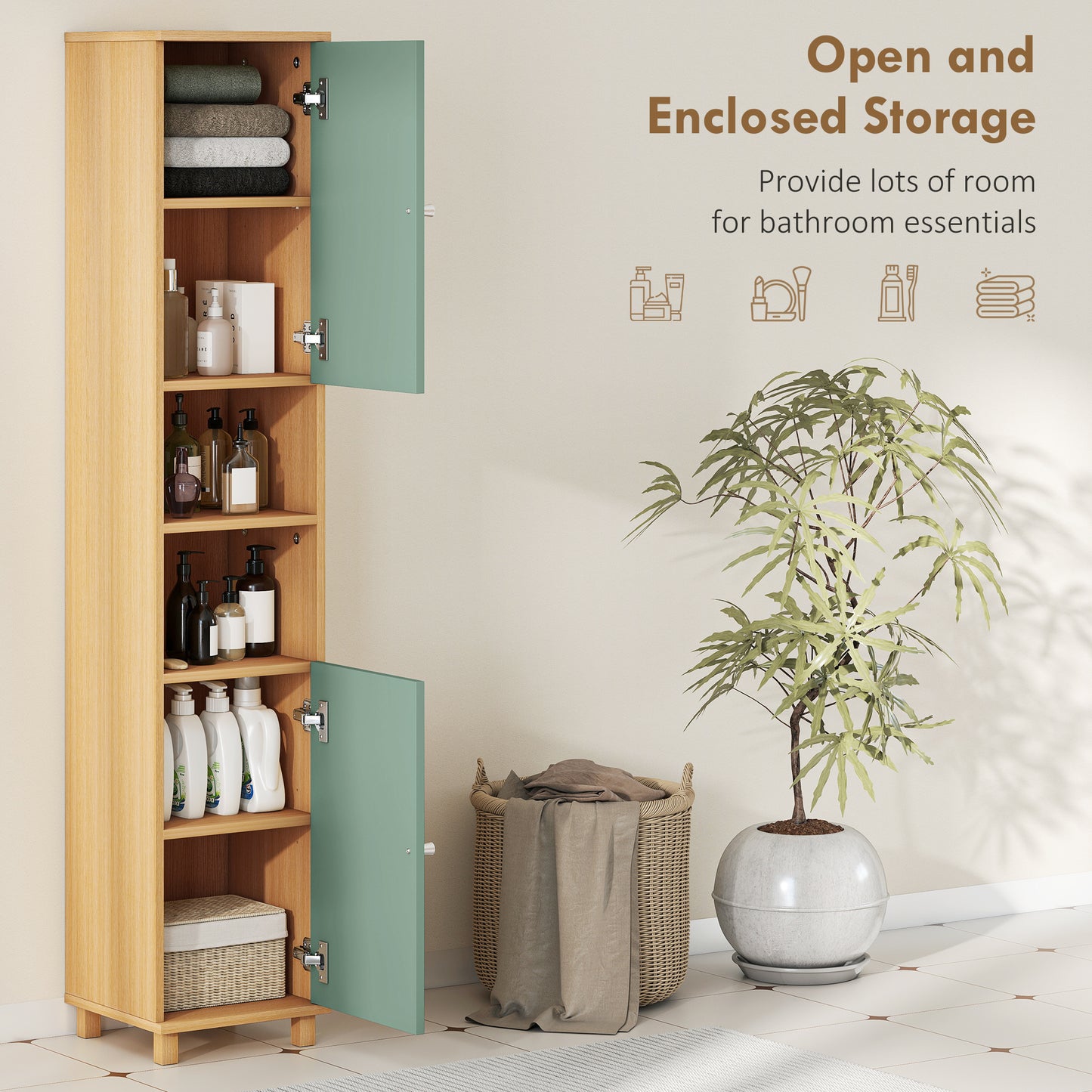HOMCOM Tall Bathroom Cabinet With Adjustable Shelves And Open Shelves In Green Color