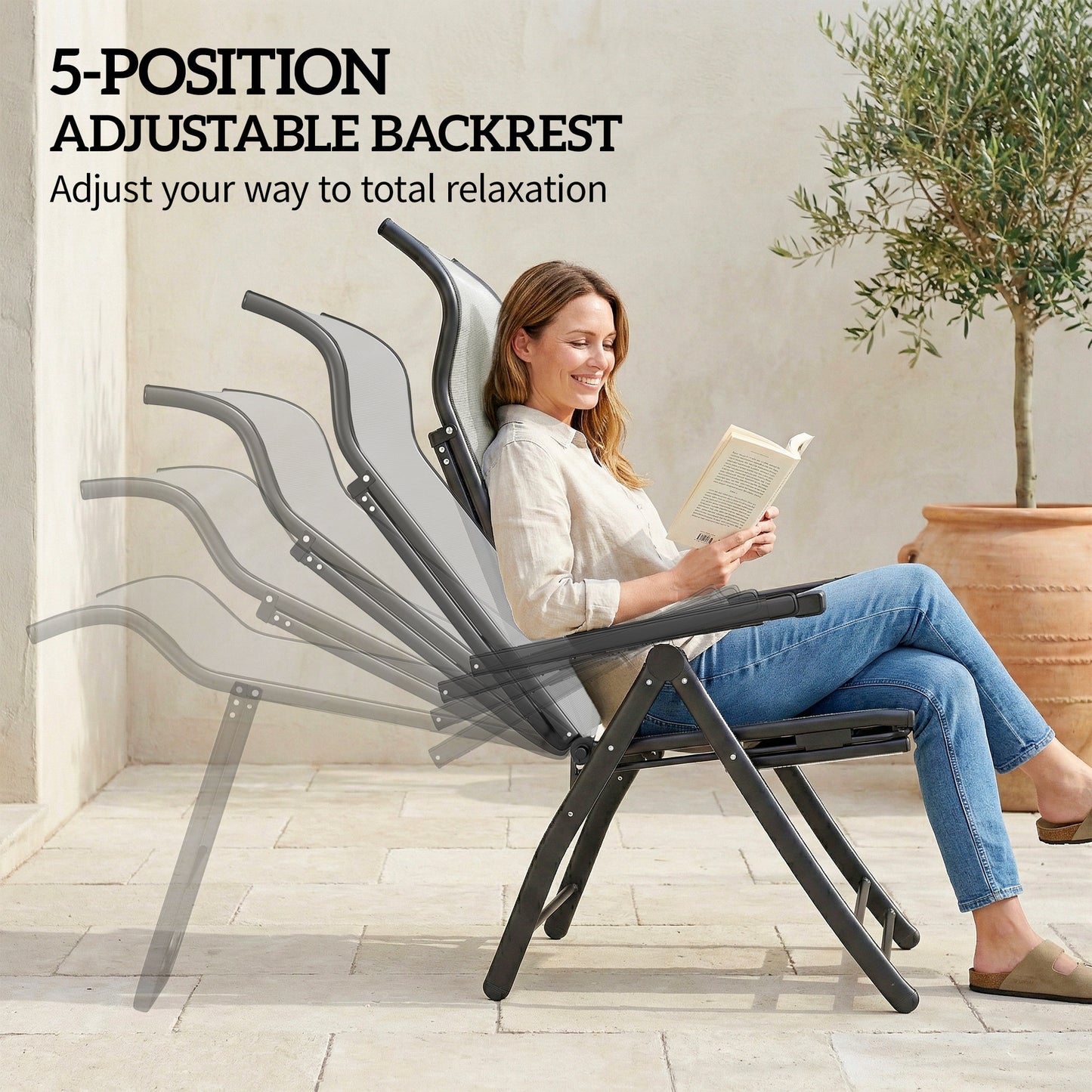 Outsunny Reclining Garden Chairs 2 Pack 5 Position Folding Sun Loungers With High Back Retractable Footrest Light Grey