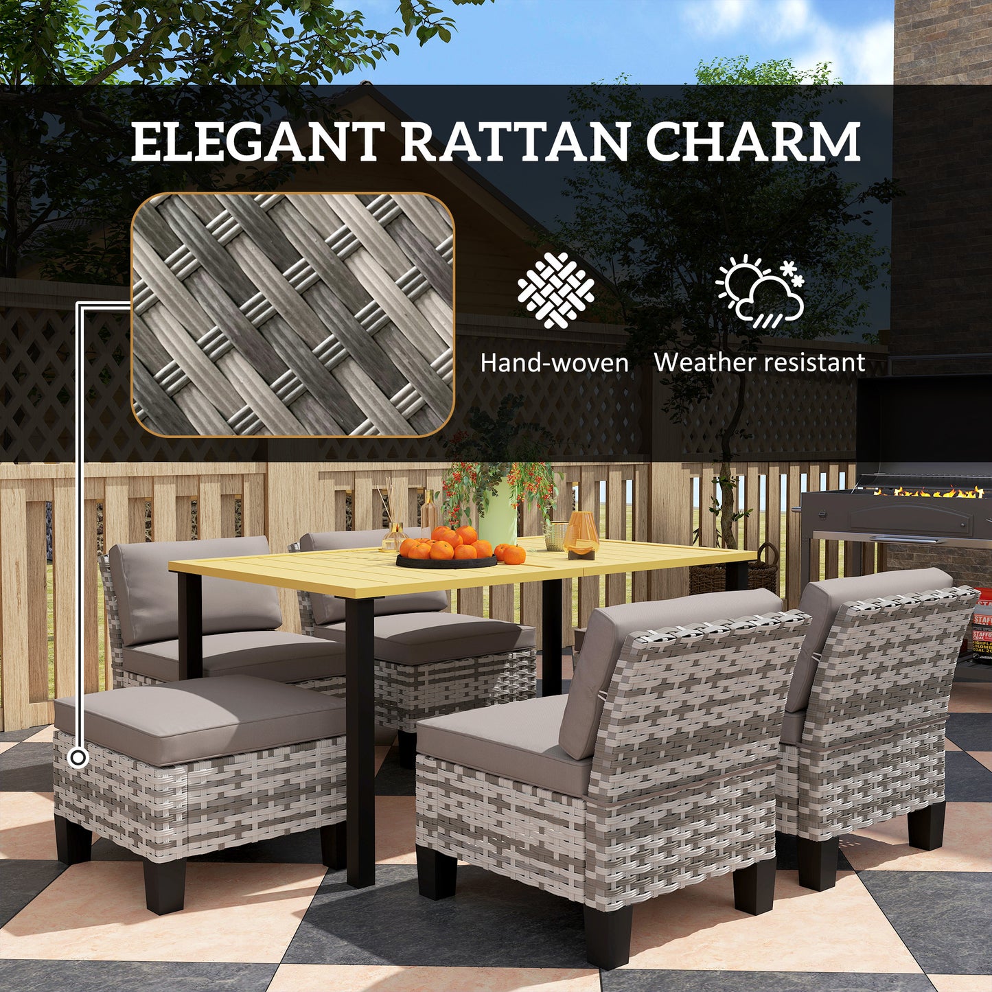 Outsunny Seven Piece Rattan Dining Set Grey Outdoor Patio Table With Parasol Hole