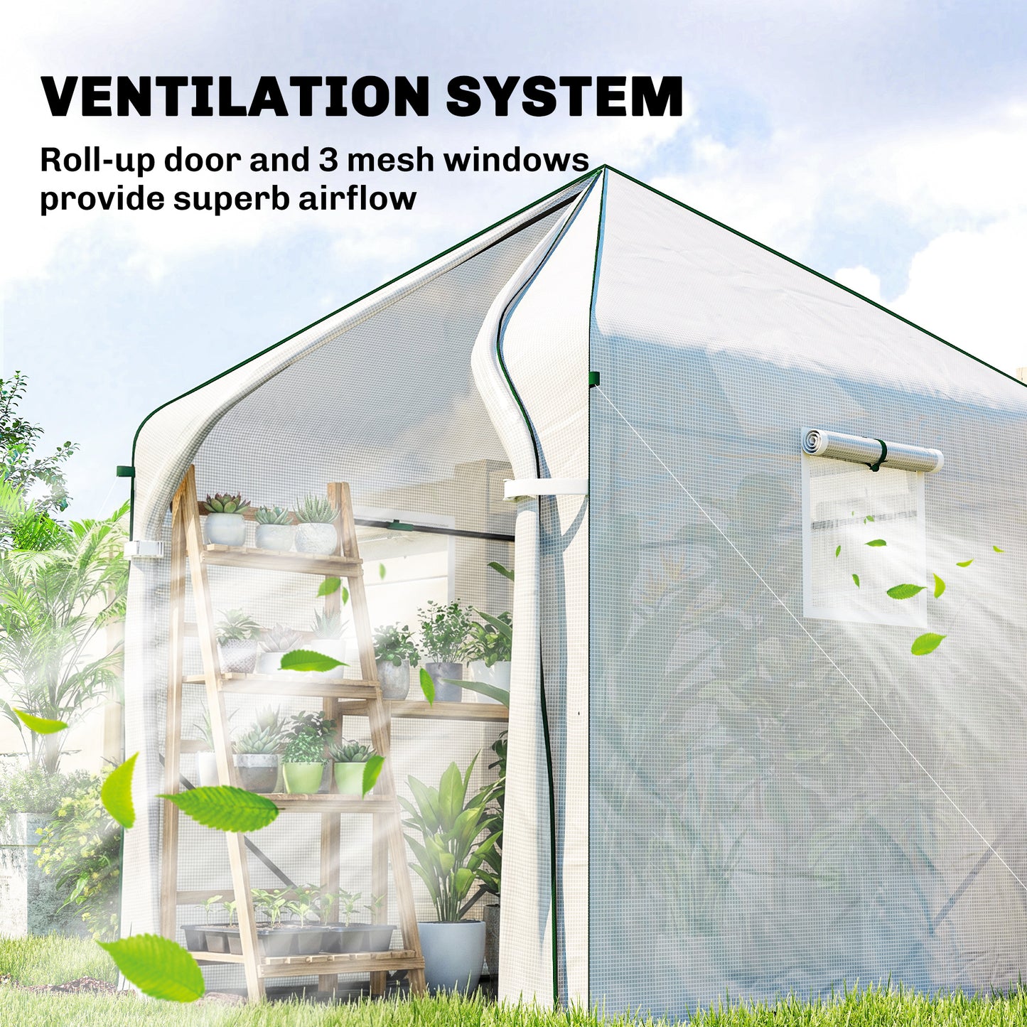Outsunny Walk In Greenhouse For Outdoors With Steel Frame Large Plant House With Roll Up Door PE Ground Cover White