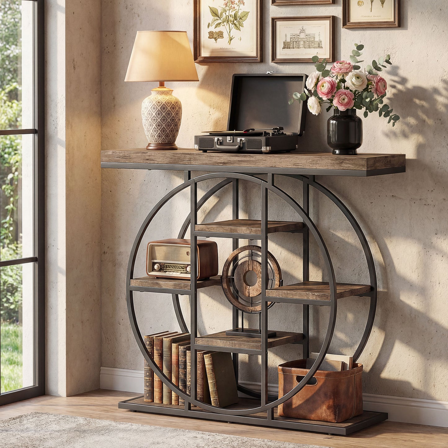 HOMCOM Industrial Console Table With Storage Shelves For Entryway Rustic Brown Vintage Style Thick Tabletop