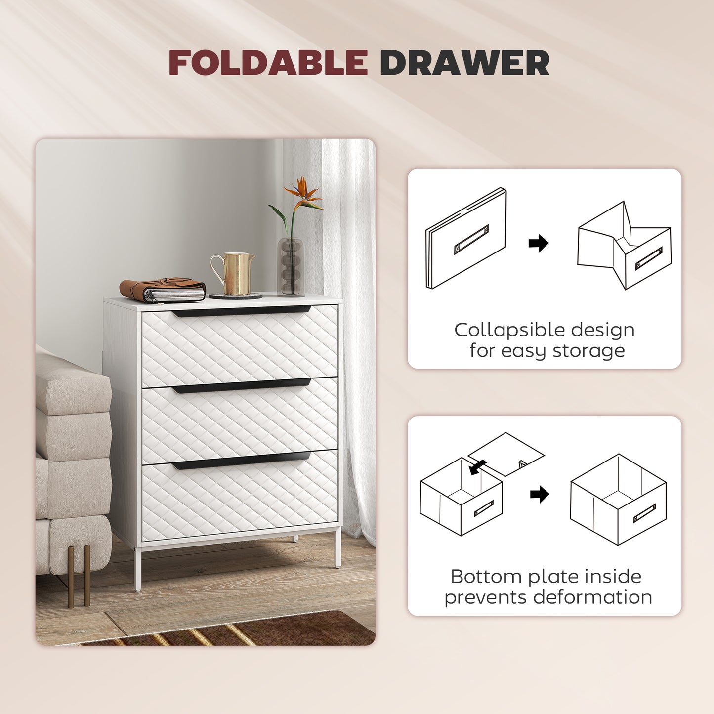HOMCOM Fabric Chest Of Drawers With Three Drawers And Aluminium Handles White Finish
