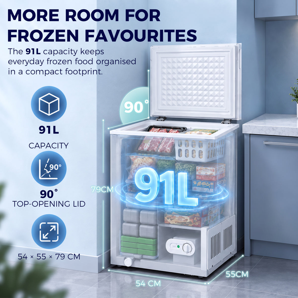 91L white chest freezer with hinged top lid, interior and storage basket visible