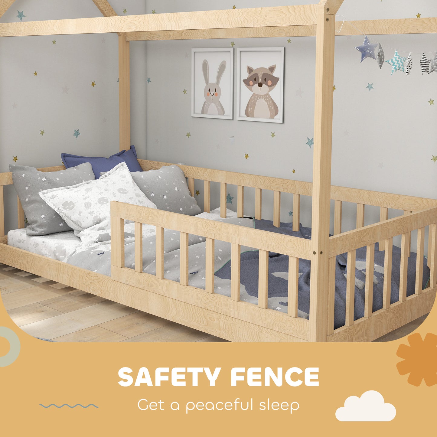 HOMCOM House Shaped Kids Bed Frame With Guard Rails Made From Solid Pine Wood Natural Finish Single Bed