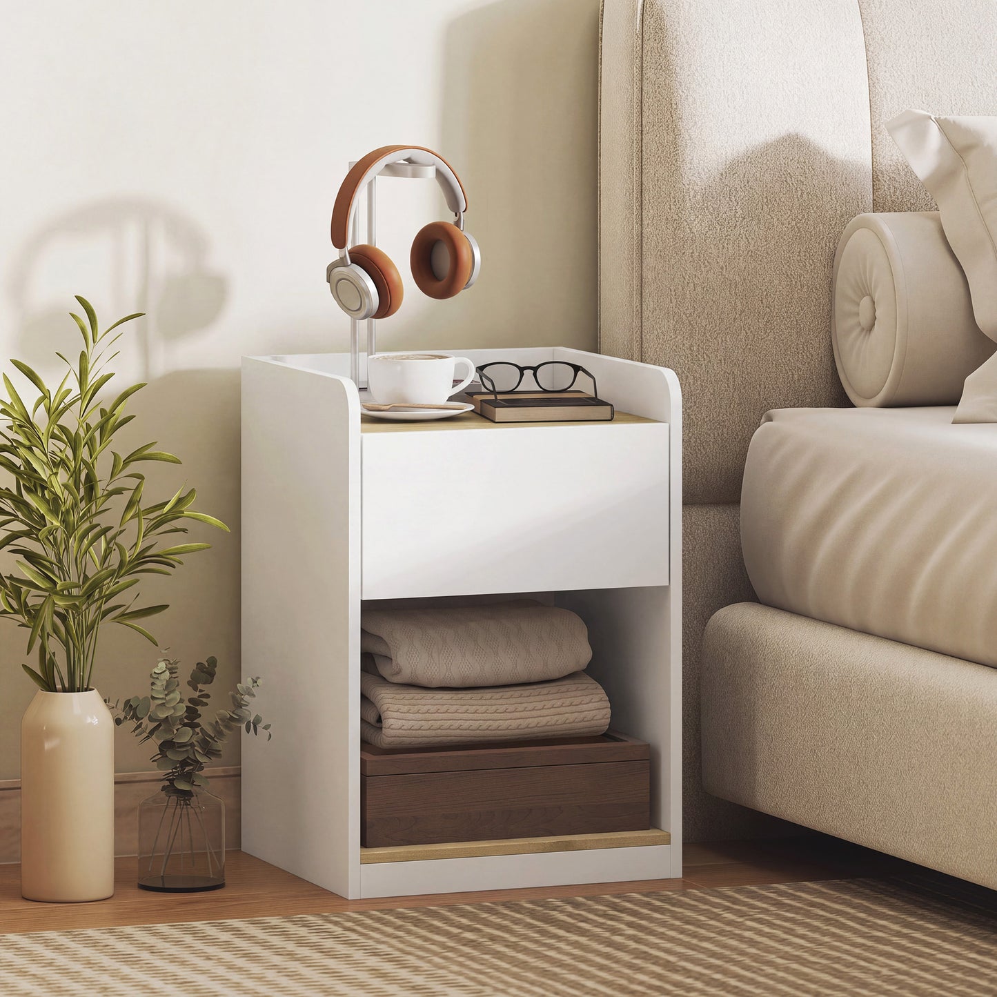 HOMCOM Slim Bedside Table With Drawer Open Shelf And Cable Holes White Oak