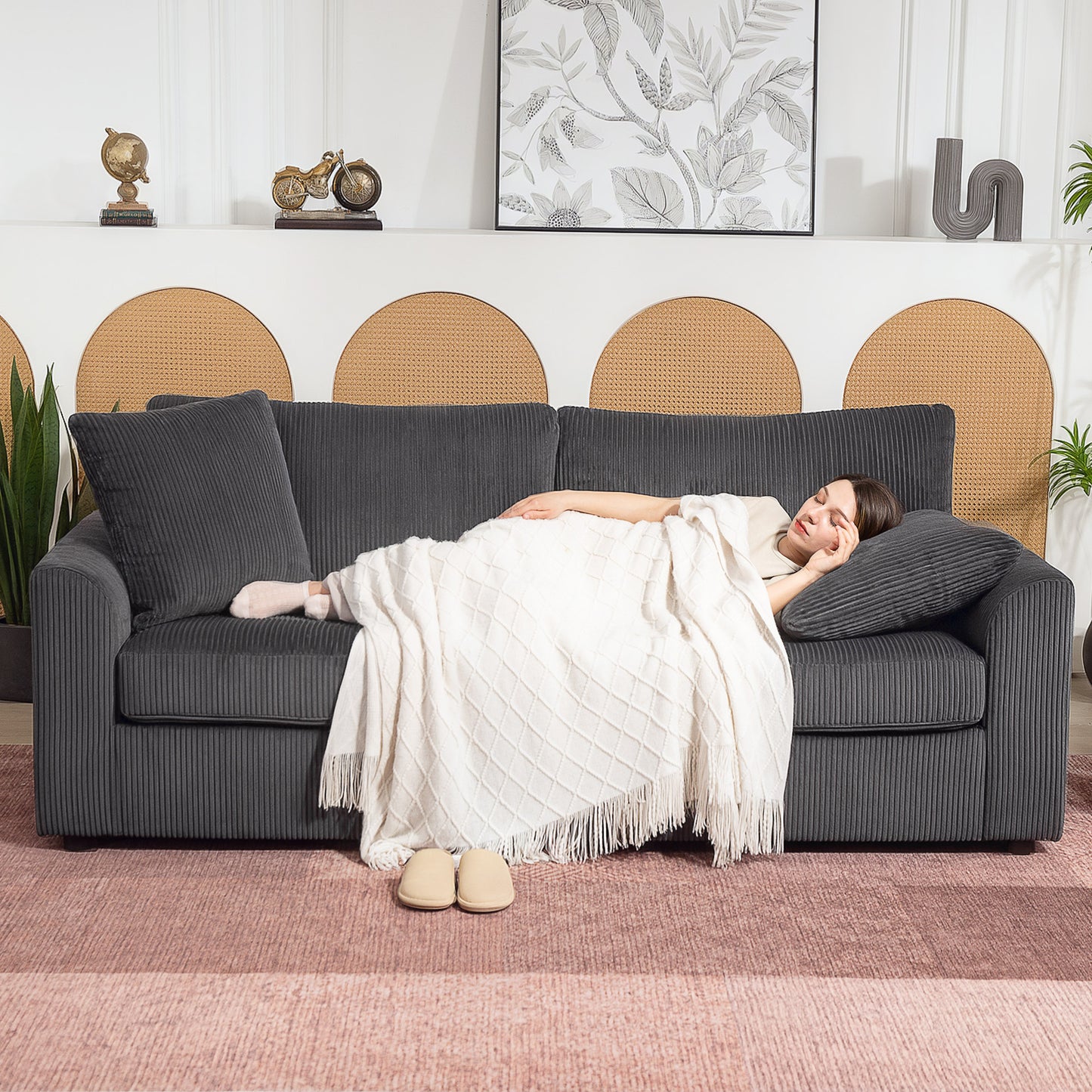 HOMCOM Modern 3 Seater Sofa 212 cm Corduroy Fabric With Spring Cushions And 2 Scatter Cushions Grey Living Room