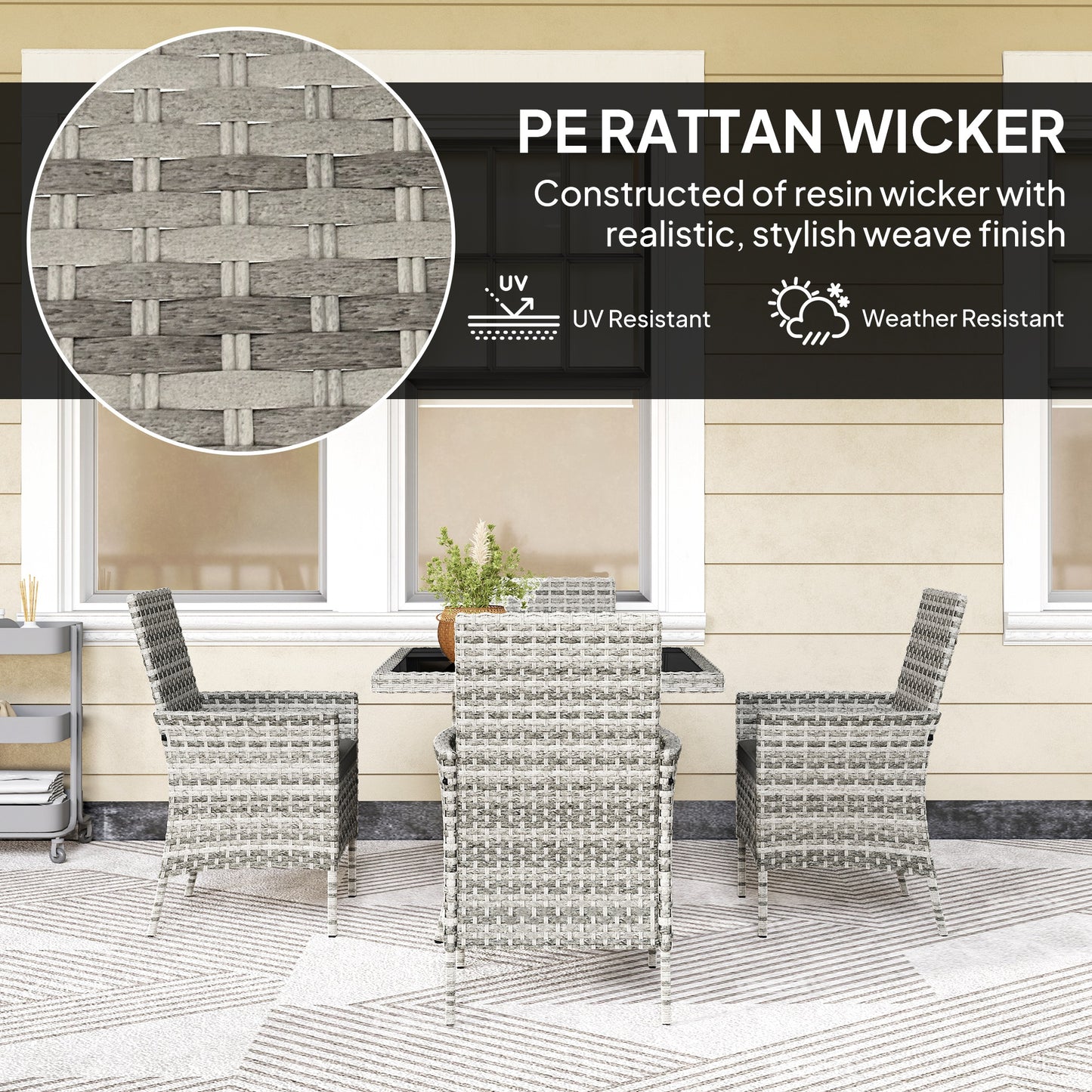 Outsunny Rattan Outdoor Dining Set 4 Seater With Cushions Square Glass Table Garden Furniture