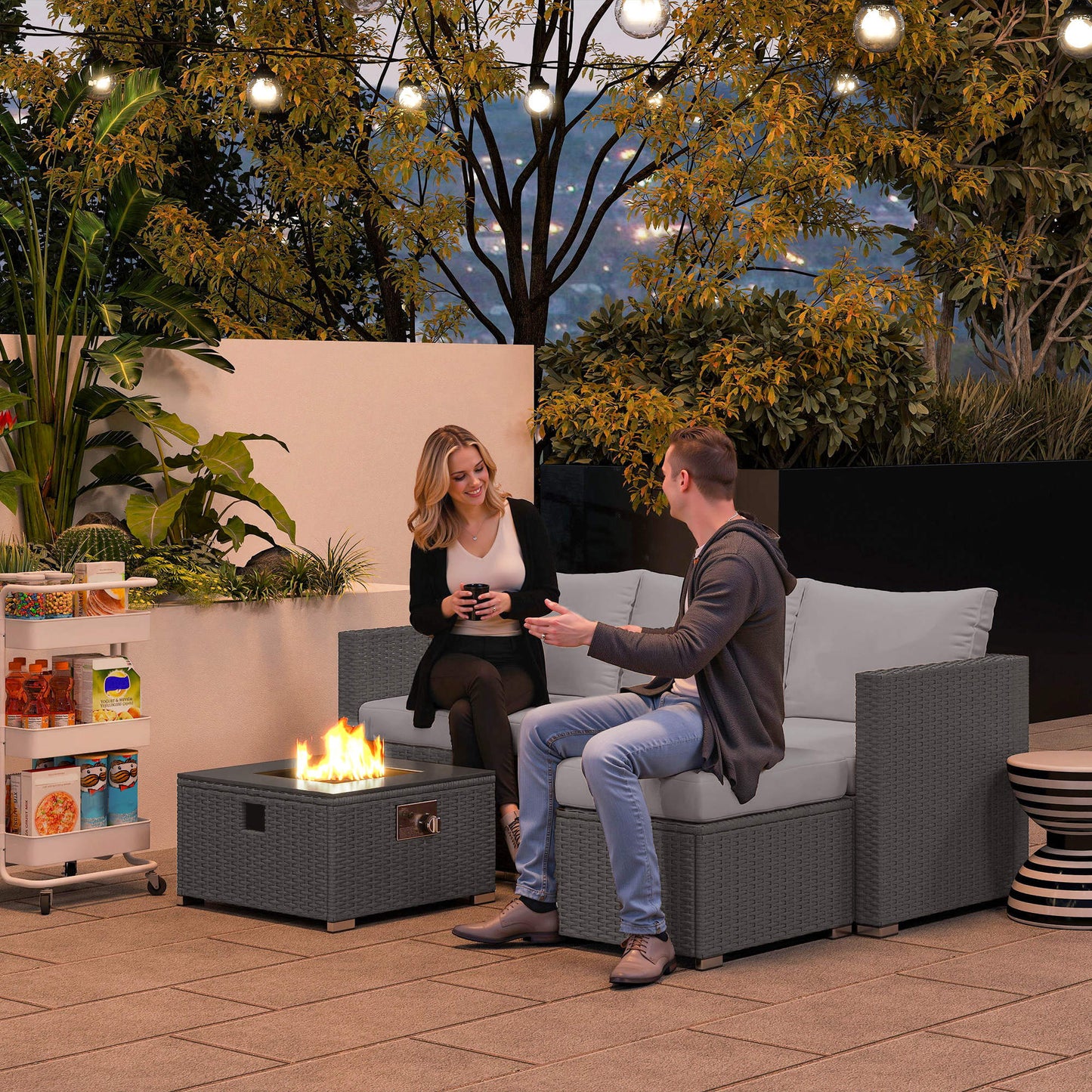 Outsunny Five Piece All Weather Rattan Garden Furniture Set With Gas Fire Pit Table And Footstool Grey