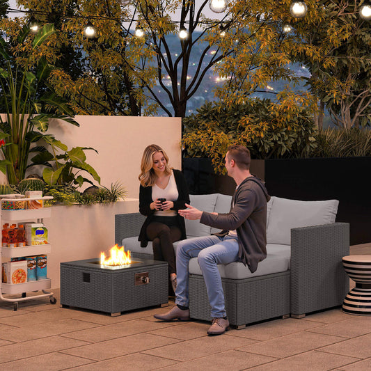 Outsunny Five Piece All Weather Rattan Garden Furniture Set With Gas Fire Pit Table And Footstool Grey