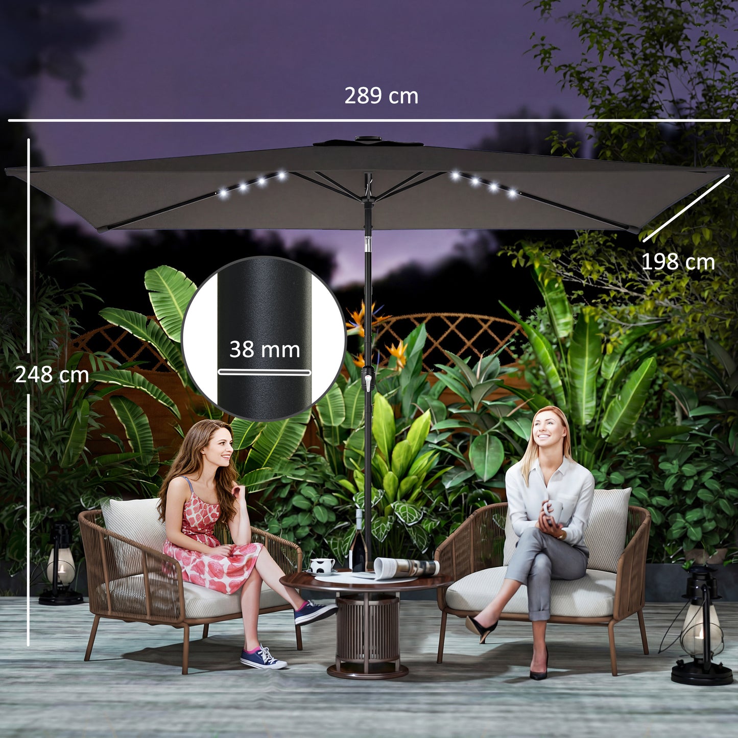 Outsunny 3 x 2 m Garden Parasol Umbrella With LED Solar Light Parasol Cover Outdoor Market Patio Umbrella Black