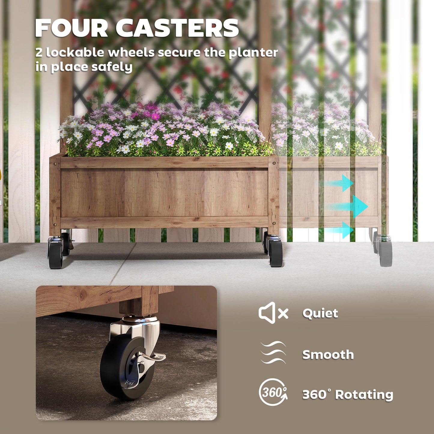 Outsunny Wooden Planter With Metal Trellis On Wheels Brown And Black 20 x 47 Cm Drainage Holes
