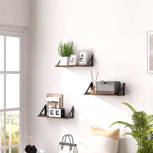 HOMCOM Set Of 3 Rustic Brown Wall Mounted Floating Shelves 43cm Vintage Living Room Entryway Bedroom