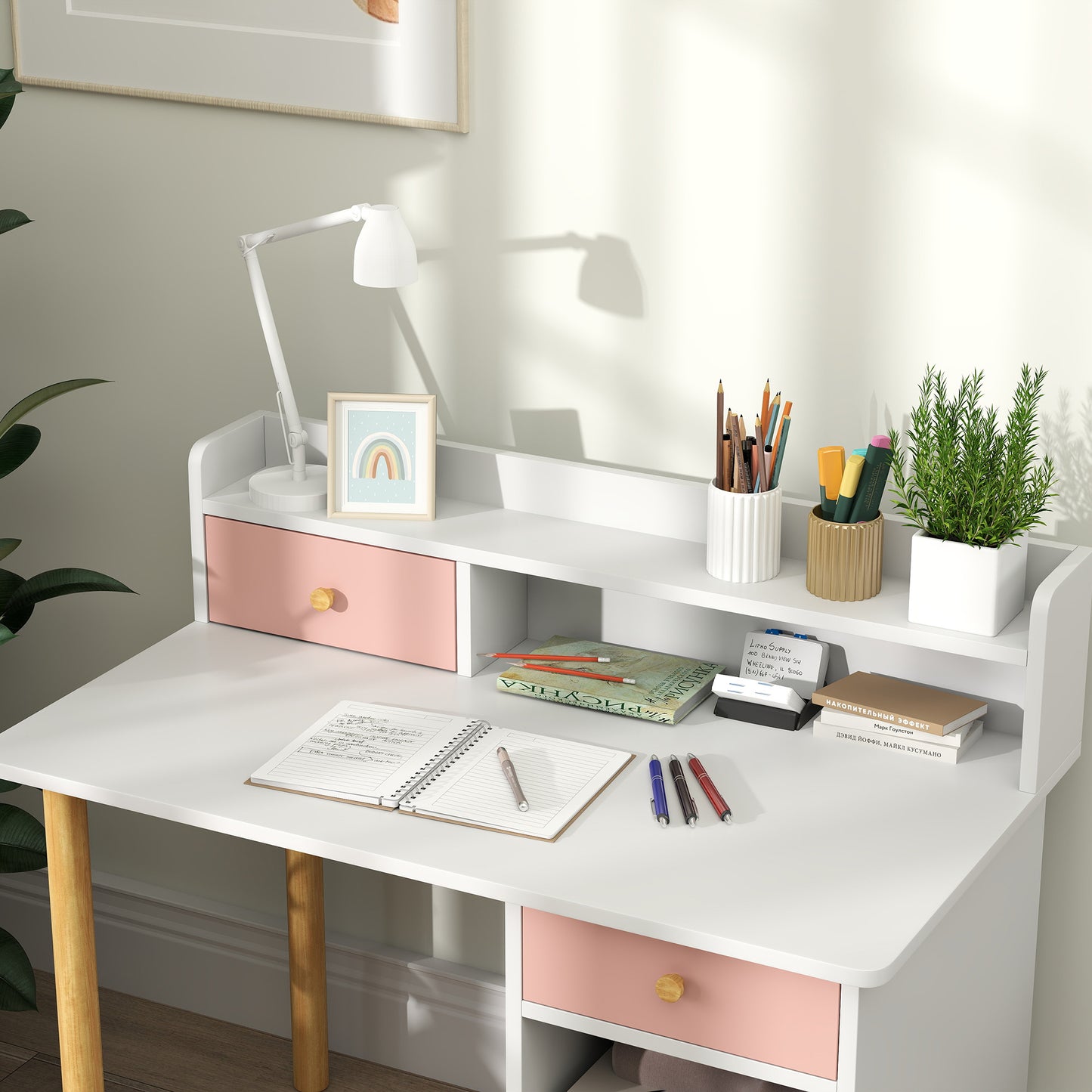AIYAPLAY Pink 2 Piece Kids Desk With Hutch And Chair Set Storage Drawers Shelves For Ages 3 To 8