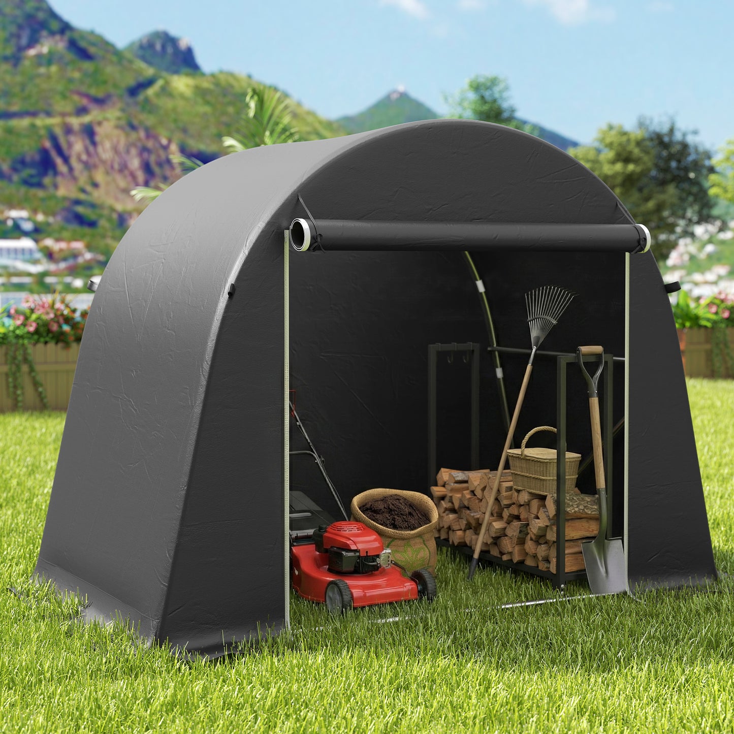 Outsunny 8 x 4 ft Garden Storage Tent Waterproof Shed With Roll Up Door And Galvanised Metal Frame Dark Grey