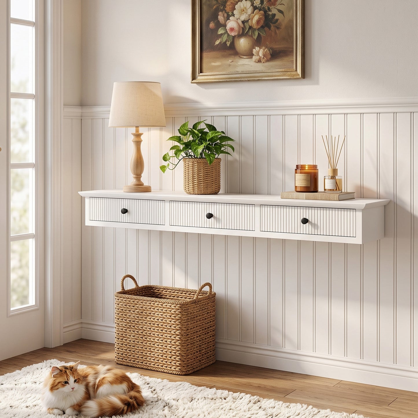 White Wall Mounted Storage Shelf Unit With Drawers MDF