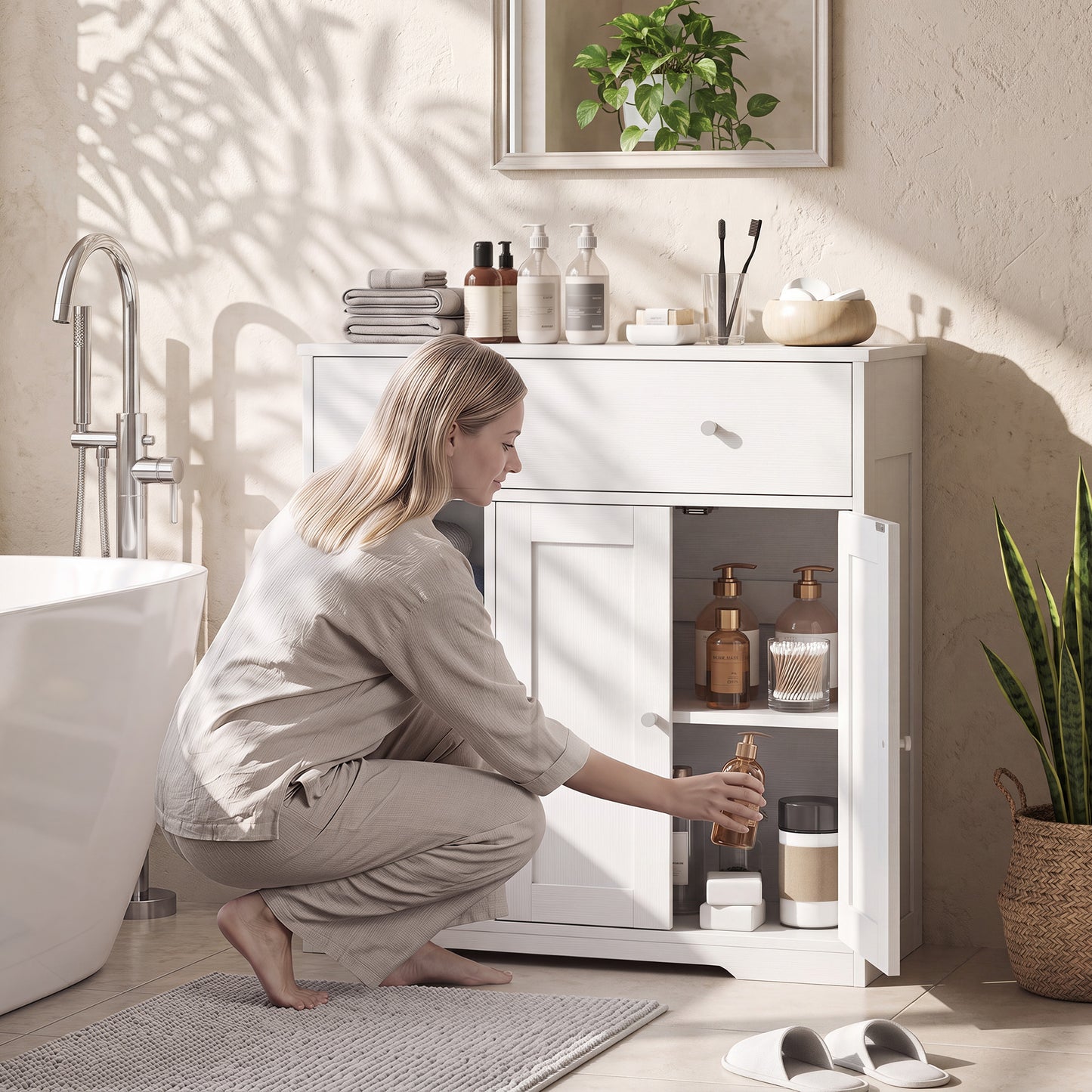 Homcom Freestanding White Bathroom Floor Cabinet With Drawer
