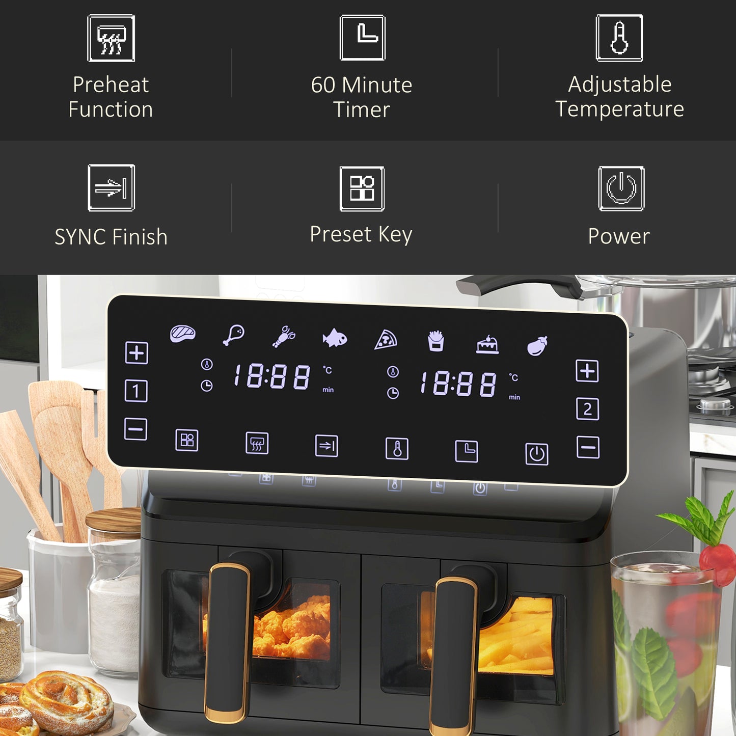 HOMCOM 8L Twin Basket Air Fryer with Digital Display, 8 Cooking Presets, and Inner Light for Healthy Oil-Free Meals - ALL4U RETAILER LTD