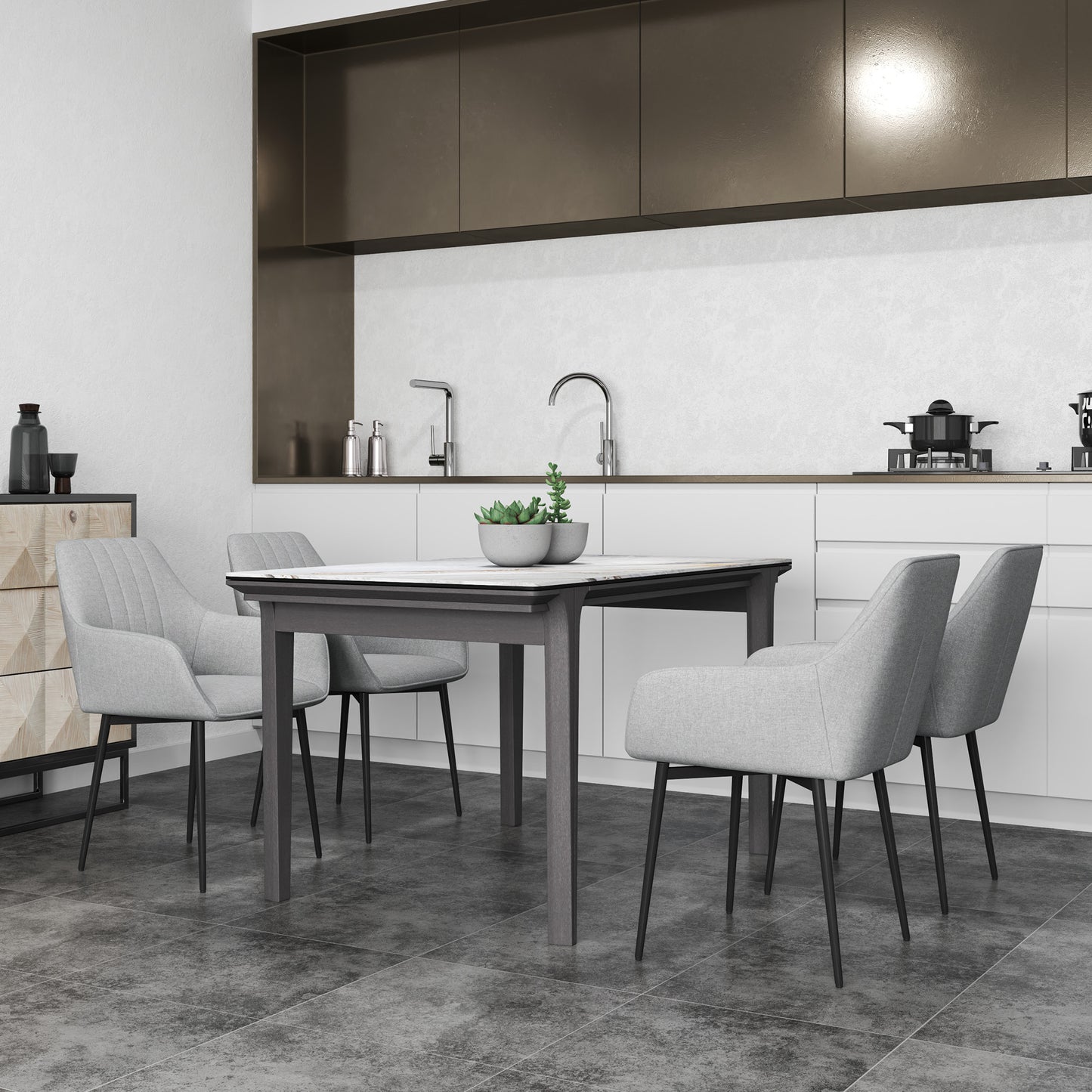 HOMCOM 4 Piece Dining Chair Set Upholstered Linen Fabric With Metal Legs Light Grey For Kitchen, Living Room, Dining Room