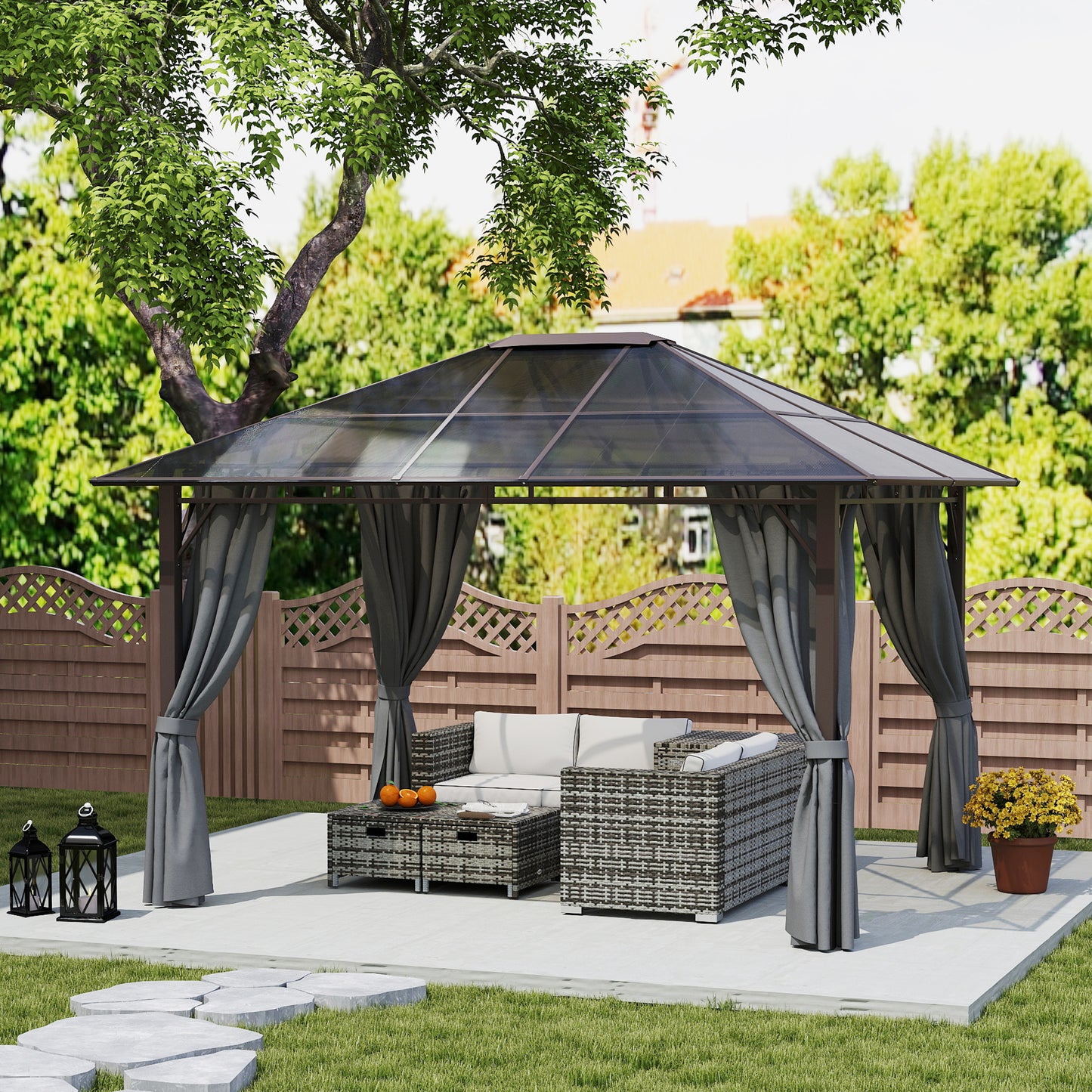 Outsunny 3x3.6m Hardtop Gazebo With Polycarbonate Roof Garden Pavilion Removable Curtains Steel Frame Dark Grey