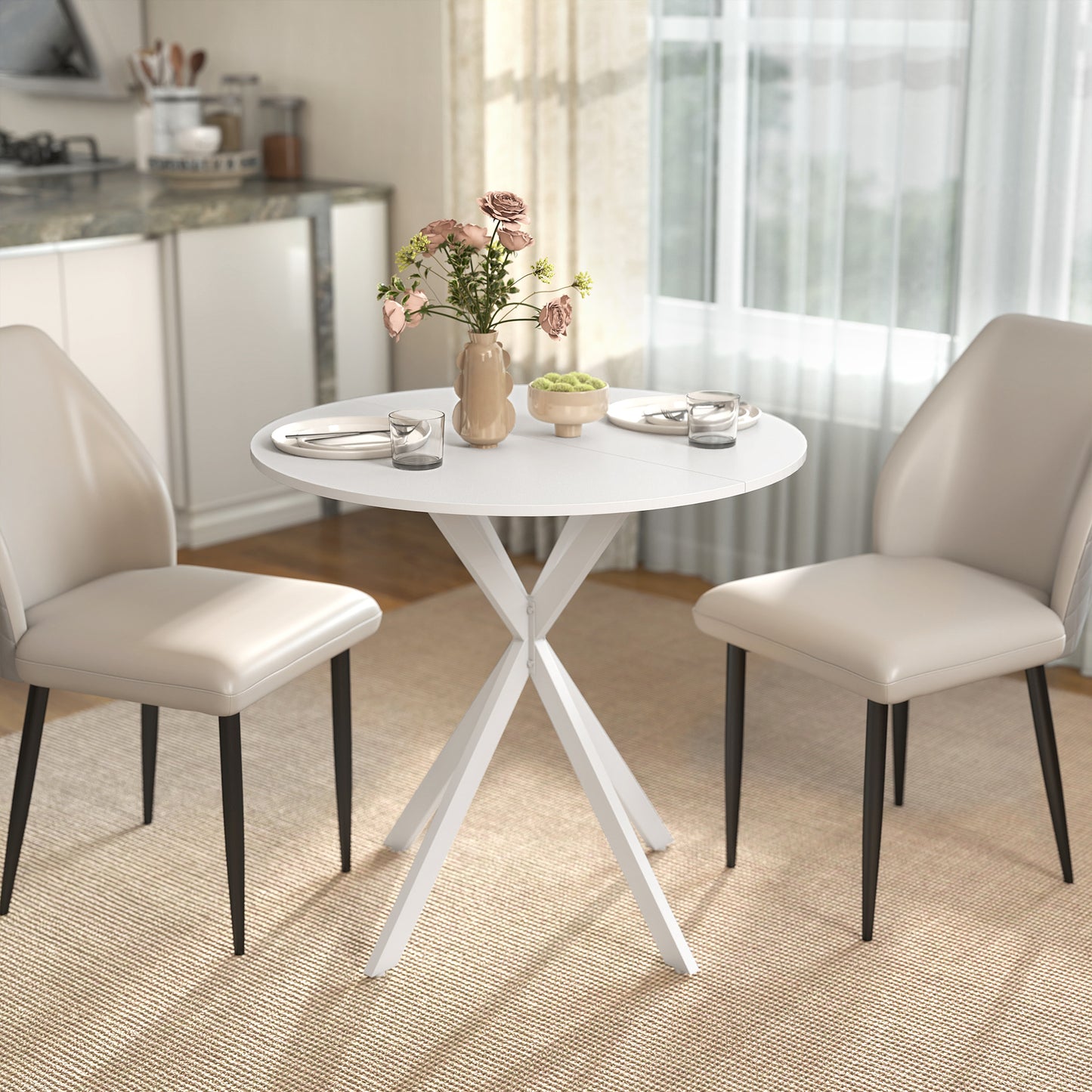 HOMCOM 80cm Industrial Round Dining Table White With X Shaped Legs Seating Four Kitchen