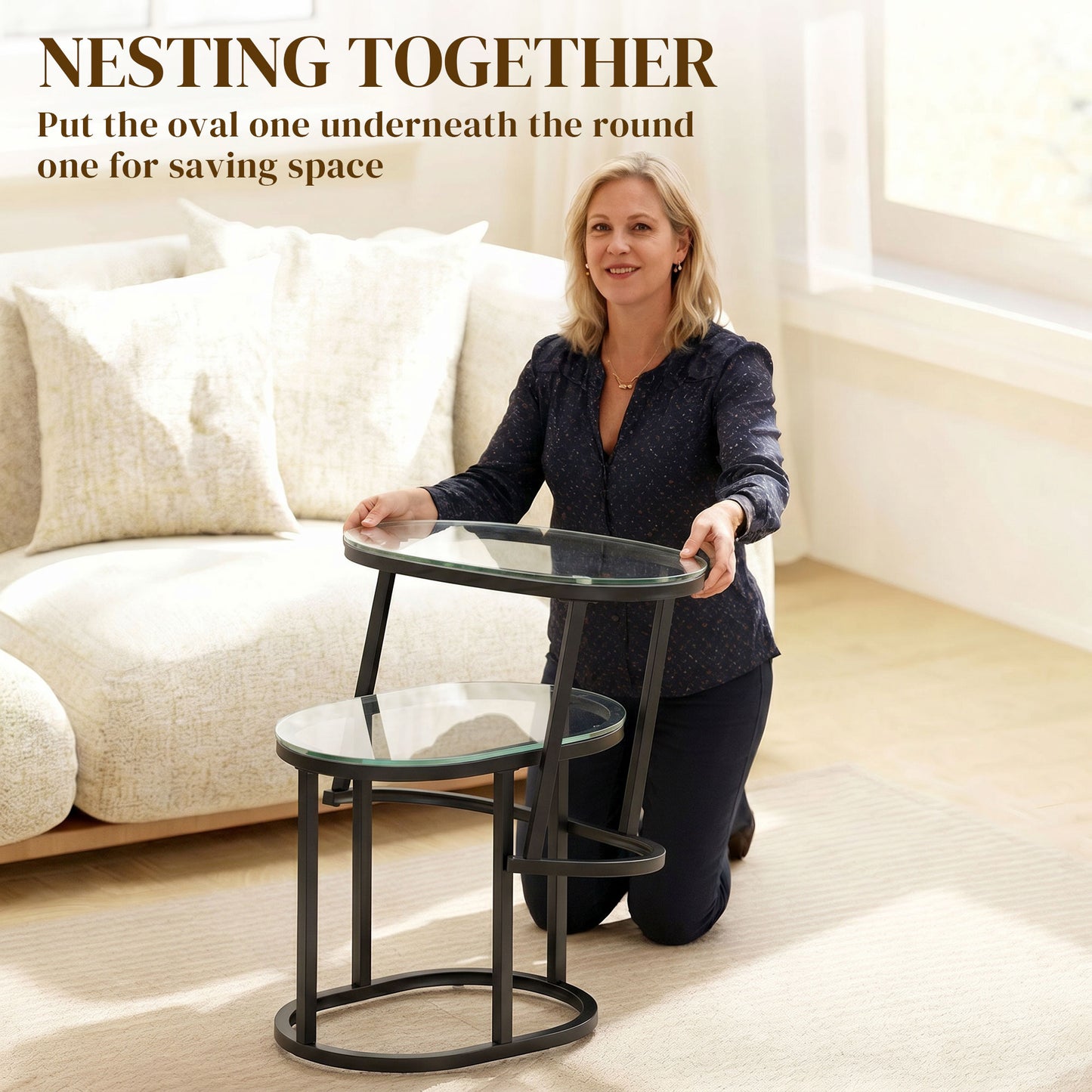 HOMCOM Nest of Tables Set of 2 with Steel Frame and Tempered Glass Tabletops Modern Black Coffee Tables