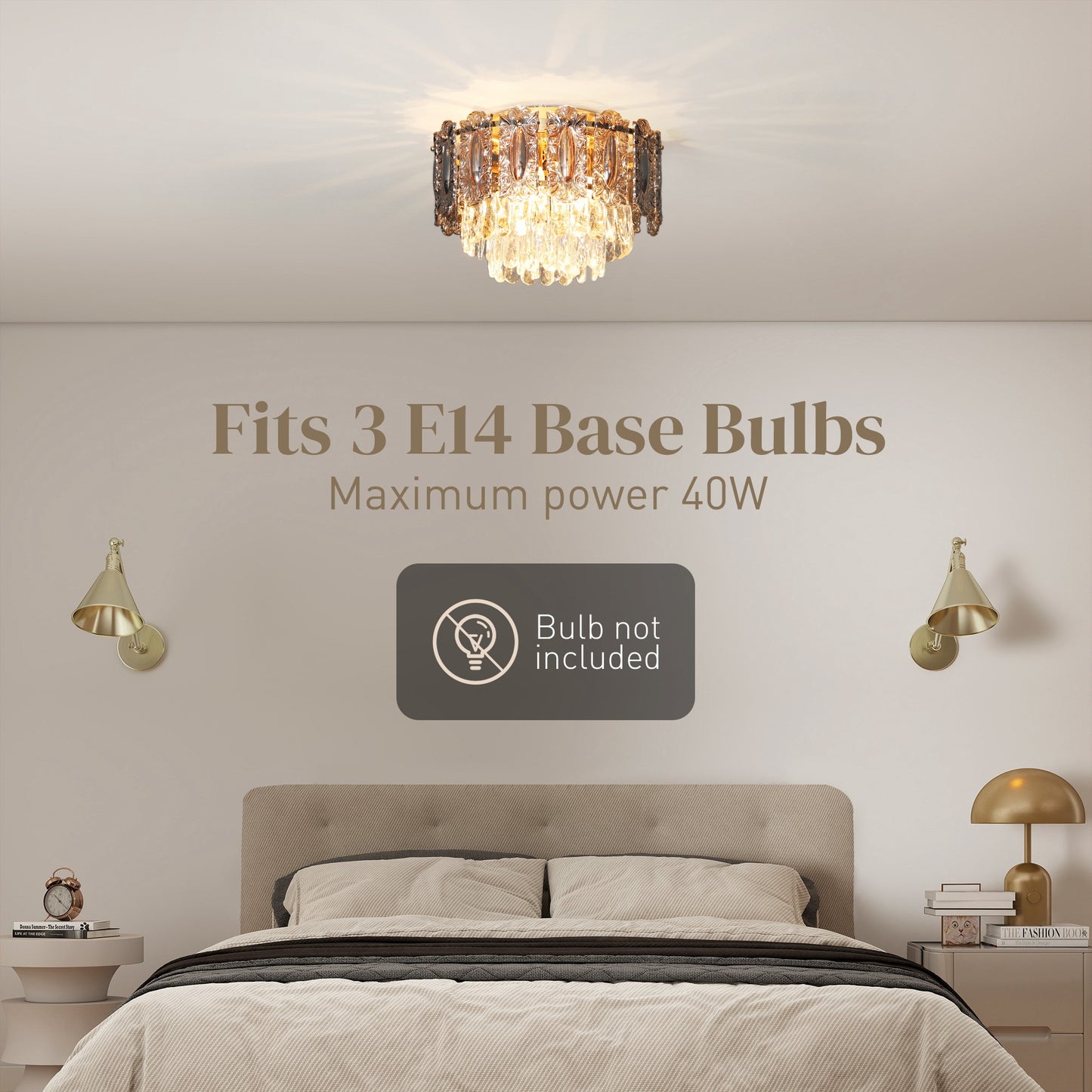 HOMCOM Chandelier Ceiling Light 3 Light Flush Mount LED Fixture With Dual Crystal And Smoke Glass Shade Gold Tone