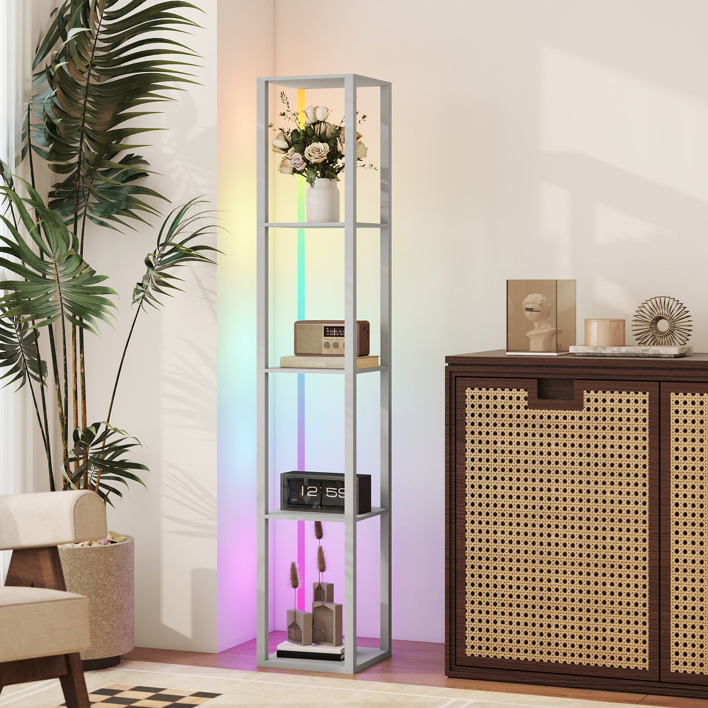HOMCOM RGB LED Floor Lamp With Shelves, Modern Dimmable Standing Lamp With Remote, Adjustable Brightness And Speed