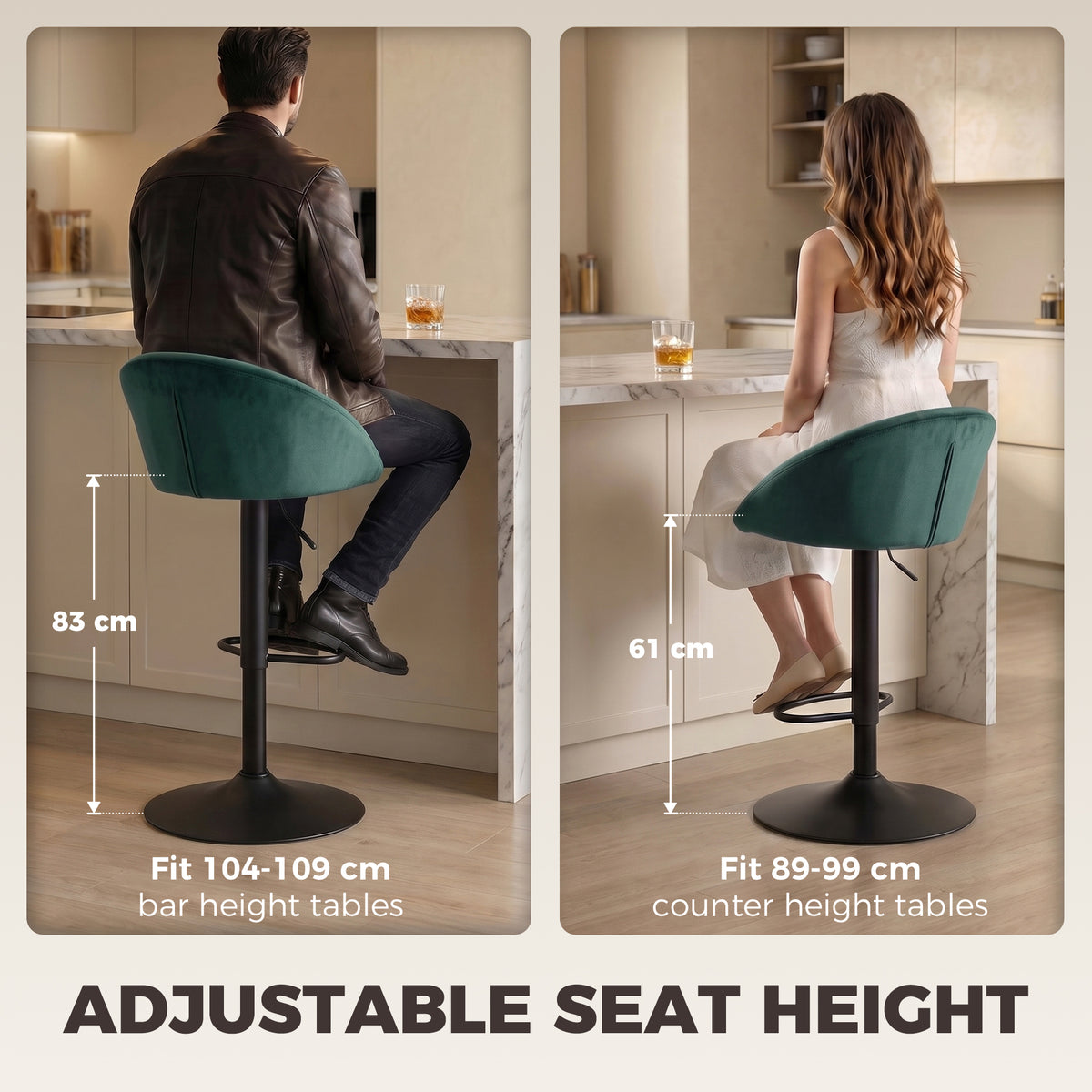 Adjustable-height dark green velvet bar stool with swivel seat and backrest
