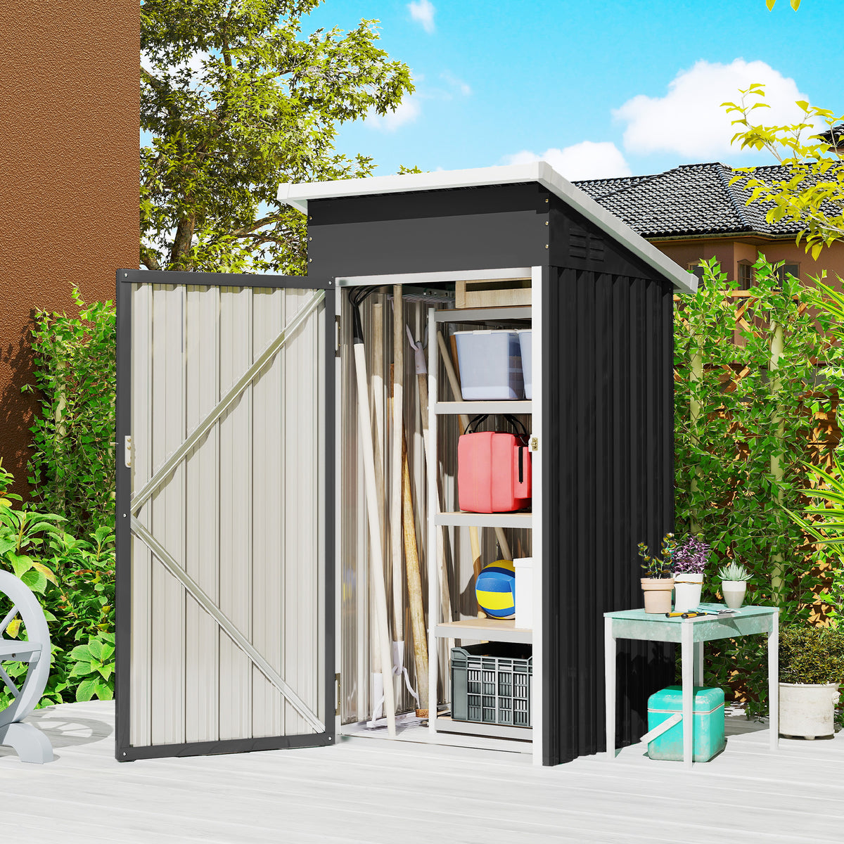 Outdoor metal storage shed with sloping roof, open doors showing shelves and bins