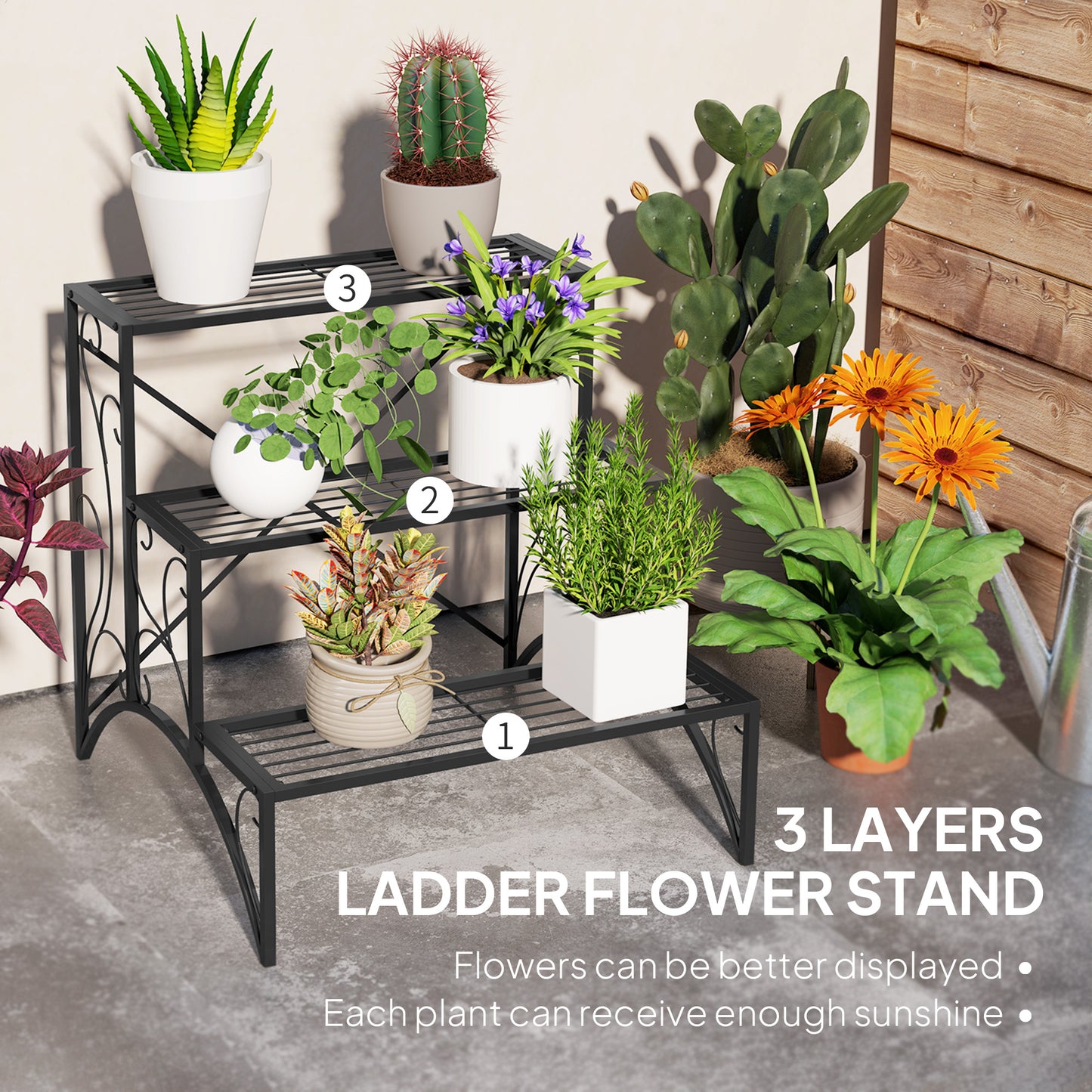 Outsunny Three Tier Decorative Metal Plant Stand Black Indoor Outdoor Garden Display