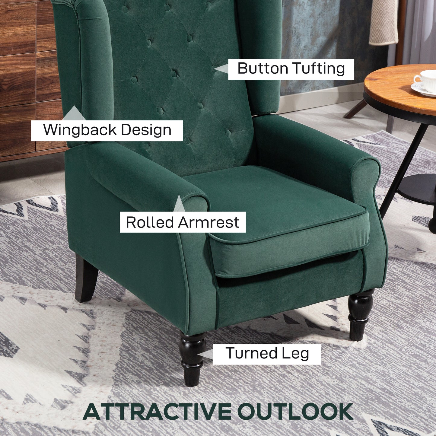 HOMCOM Wingback Accent Chair Green Retro Upholstered Button Tufted Occasional Chair for Living Room and Bedroom