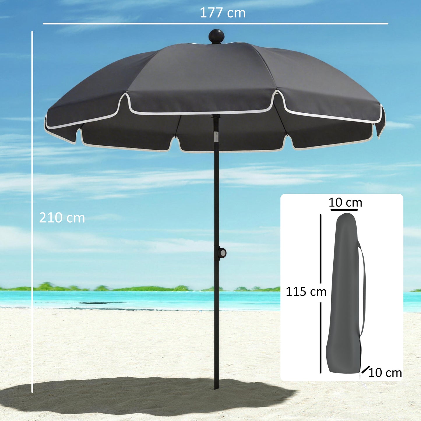 Outsunny 1.8m Beach Umbrella Parasol With Sand Anchor 30 Degree Tilt Adjustable Height Dark Grey