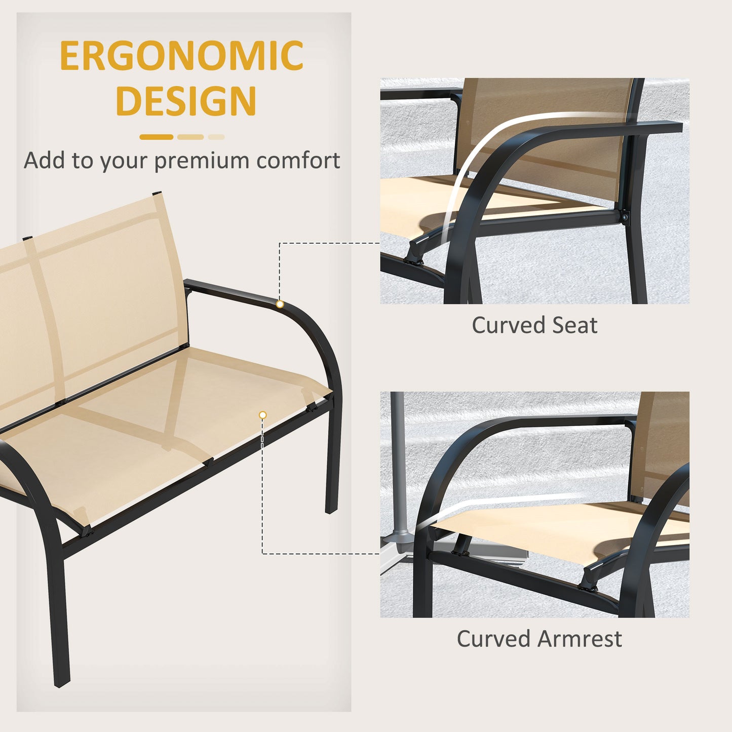 Outsunny 4-Piece Curved Steel Outdoor Lounge Set with Loveseat, 2 Texteline Chairs, and Glass Top Table for Garden and Patio - Beige - ALL4U RETAILER LTD