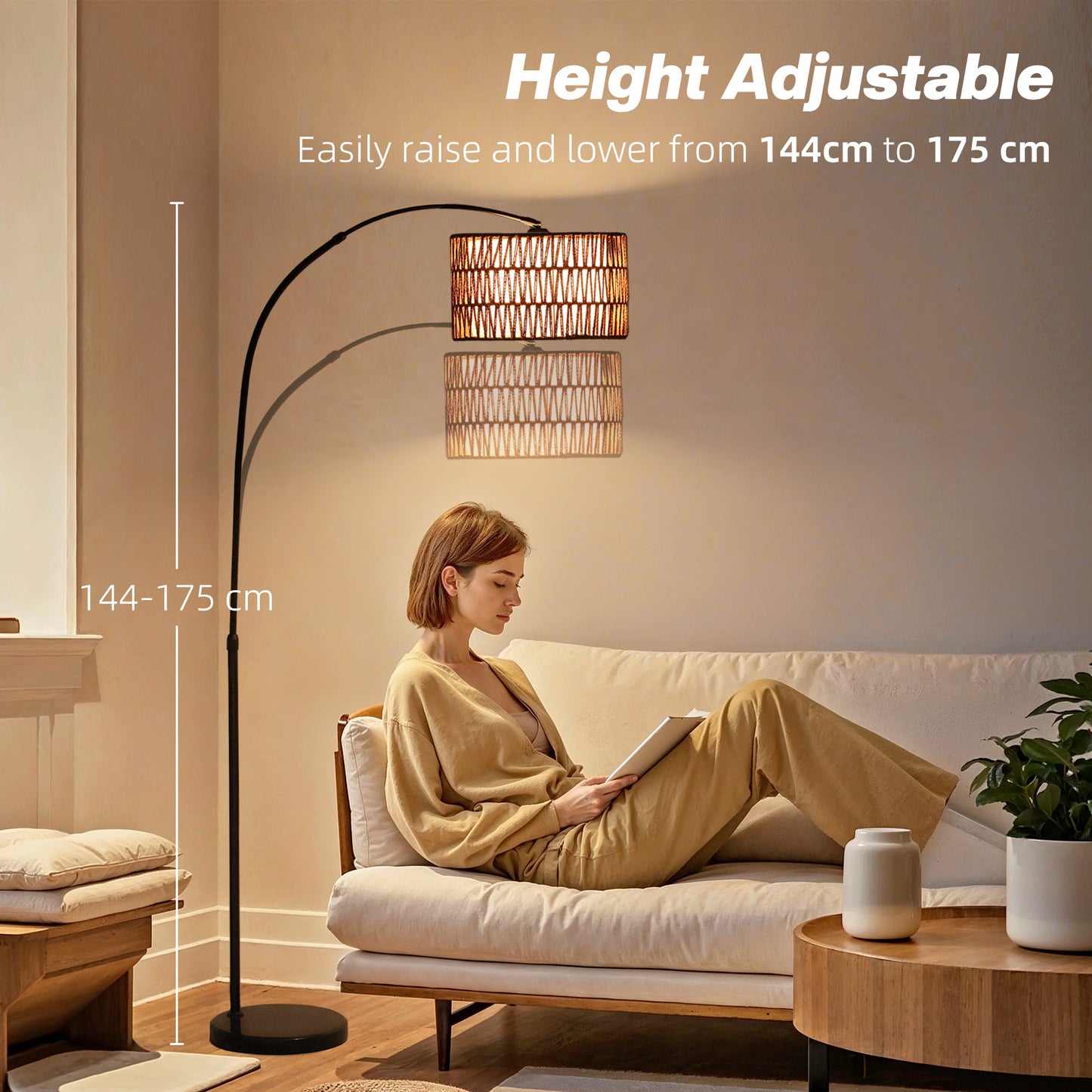 HOMCOM Rattan Floor Lamp Arc Farmhouse Standing Lamp With Dual Layer Shade Foot Switch Height Adjustable Black