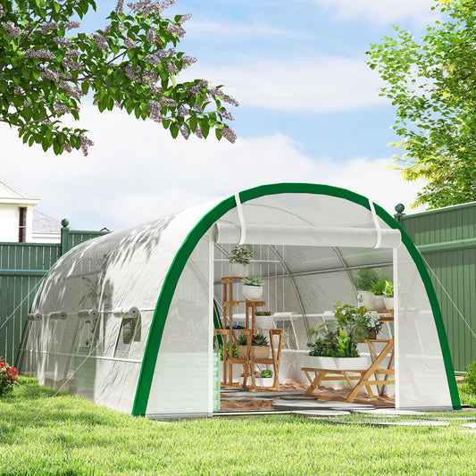Outsunny Walk In Polytunnel Greenhouse 6 x 3 m With Zipped Doors 8 Mesh Windows PE Cover White