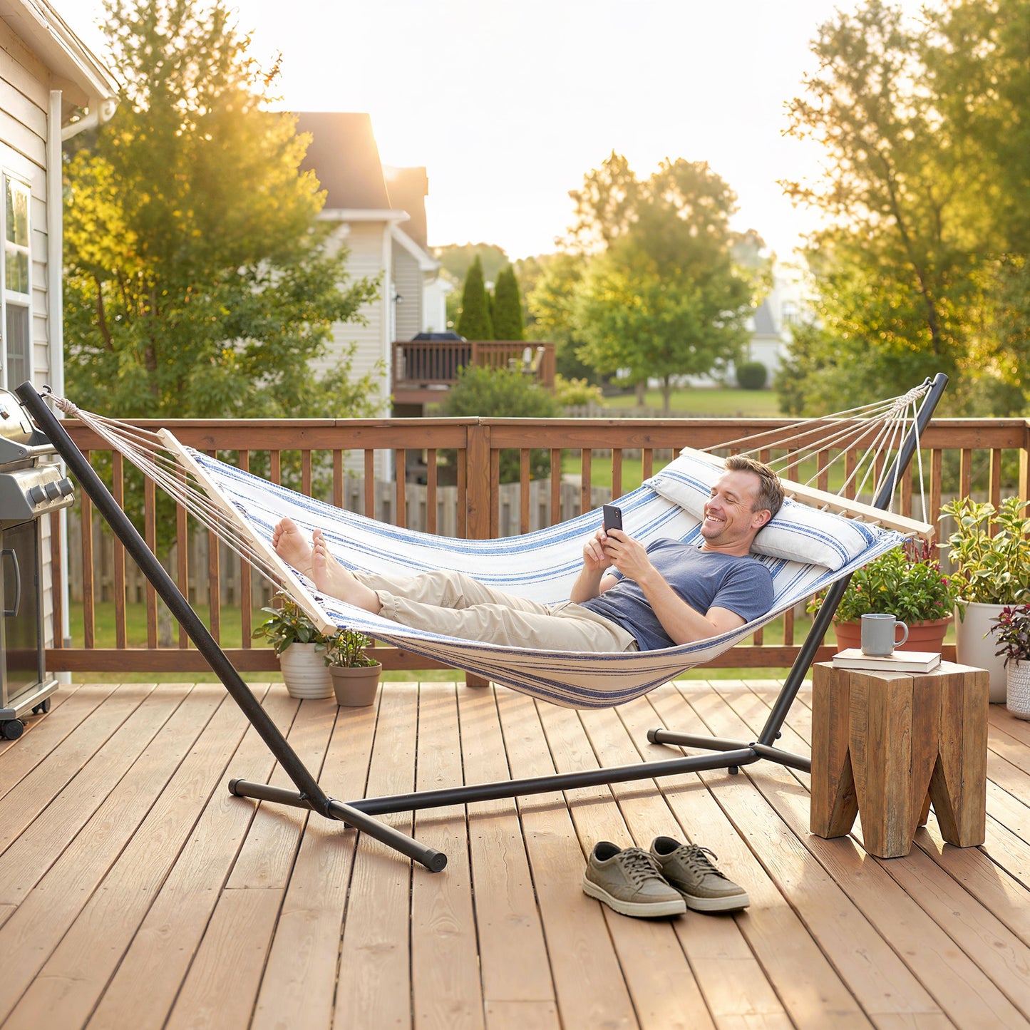 Outsunny Cotton Hammock With Headrest And Side Pocket Portable Swing Blue And White Outdoor Relaxation