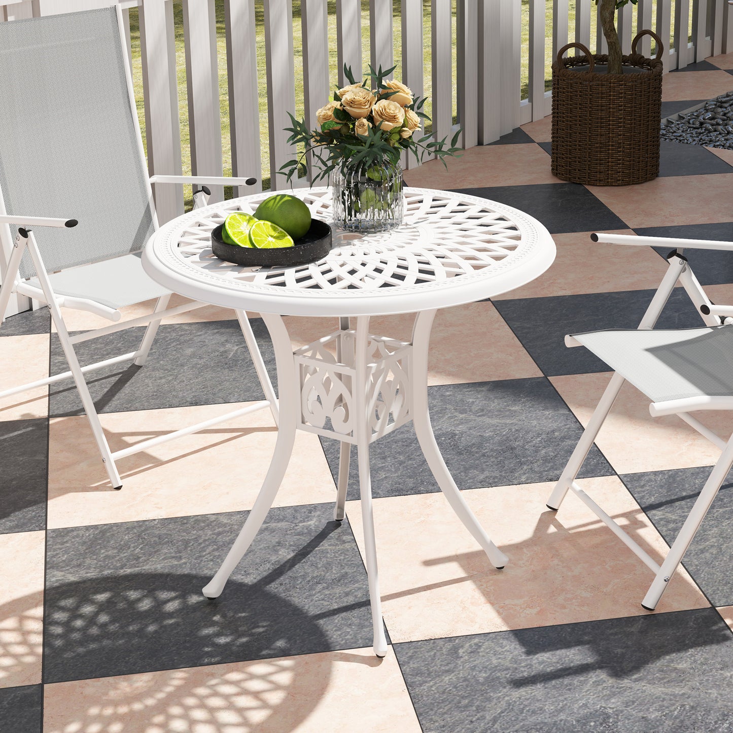 Outsunny 78 cm Round Garden Dining Table With Parasol Hole Cast Aluminium White Outdoor Table Only