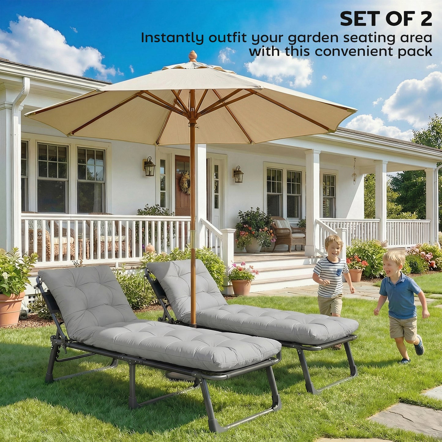 Outsunny Sun Lounger Cushions Set of 2 Light Grey Weather Resistant Replacement Pads with 4 Ties for Lounge Chairs