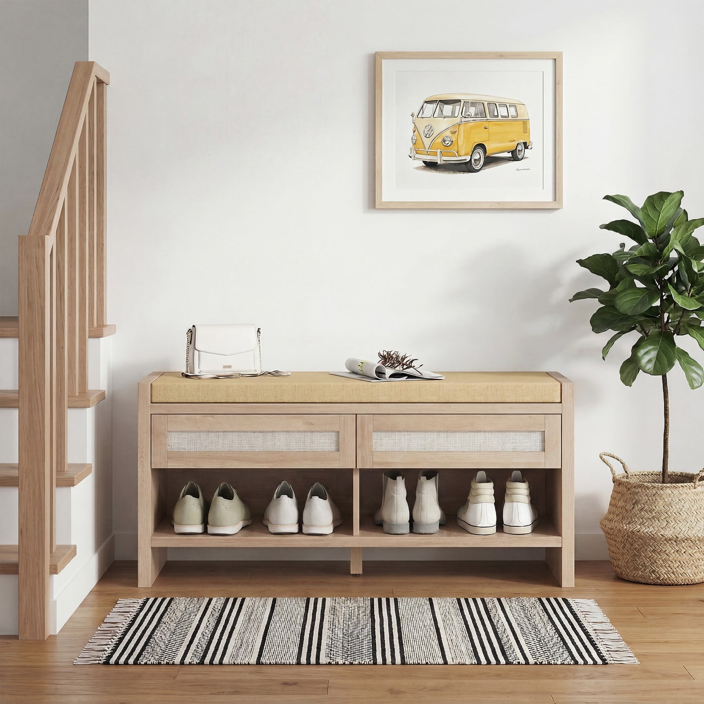 HOMCOM Boho Shoe Bench With 2 Rattan Drawers Cushioned Seat Open Shelf Oak Wood Effect