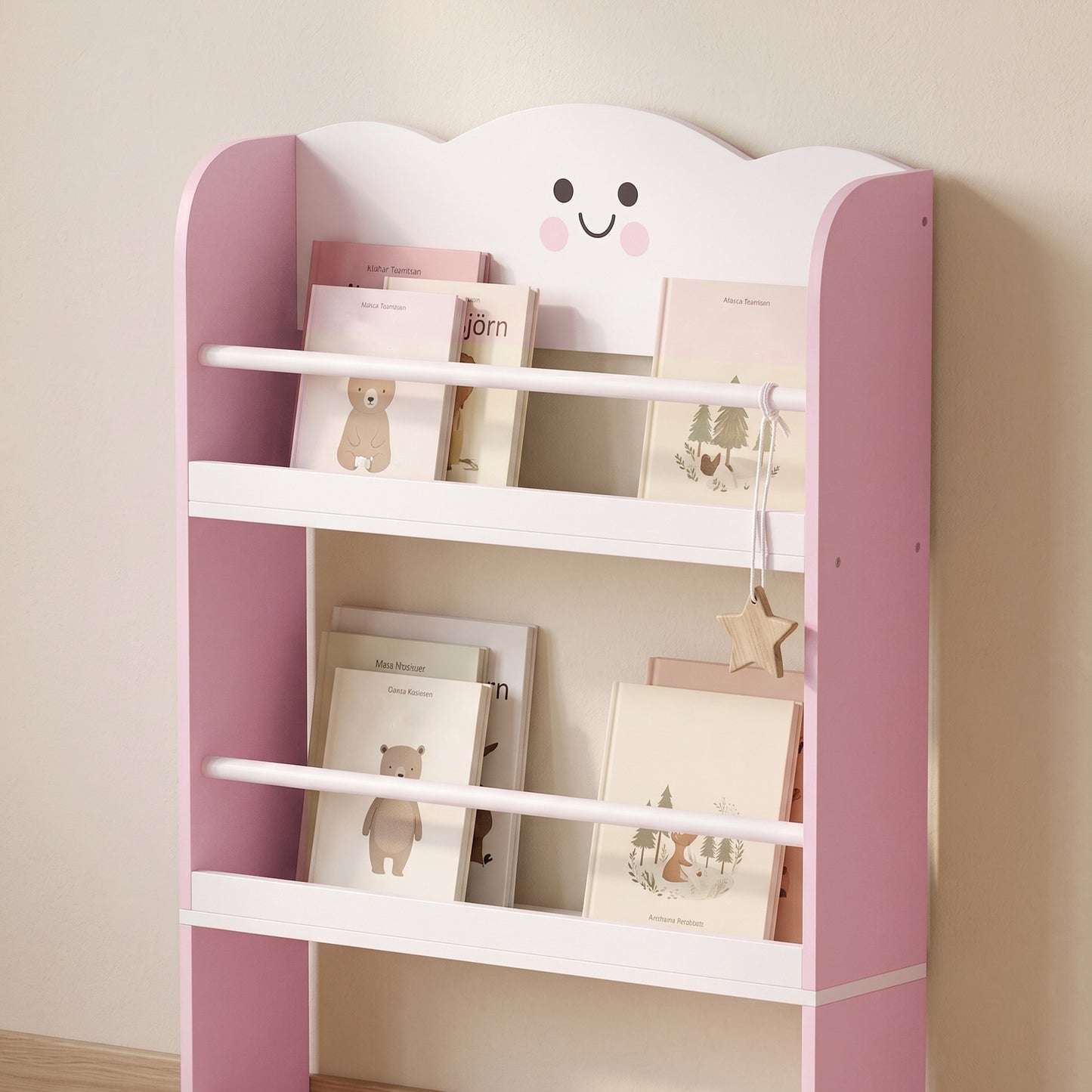 AIYAPLAY 4 Tier Kids Bookshelf Wall Mounted Pink Bookcase Toddler Playroom And Kids Room