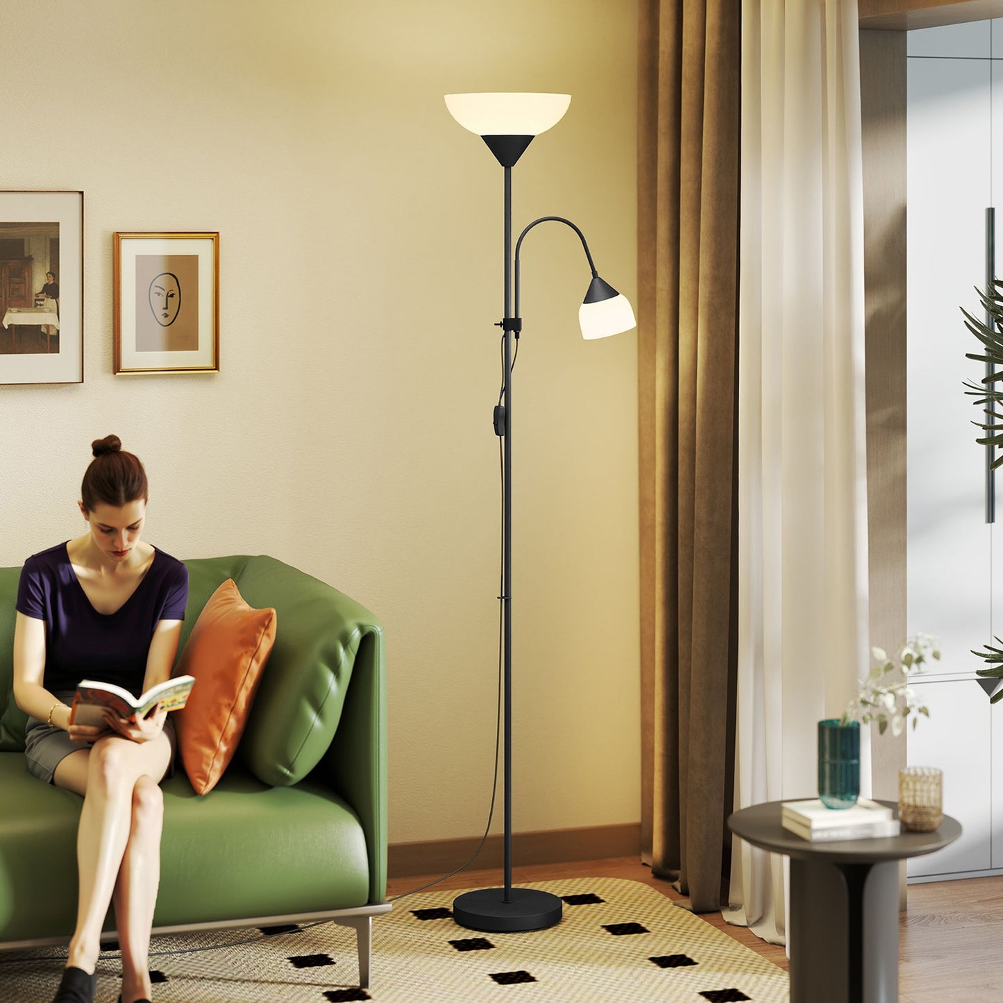 HOMCOM LED Floor Lamp For Living Room With Adjustable Gooseneck Dual Lights Mother And Child Uplighter Black 180cm