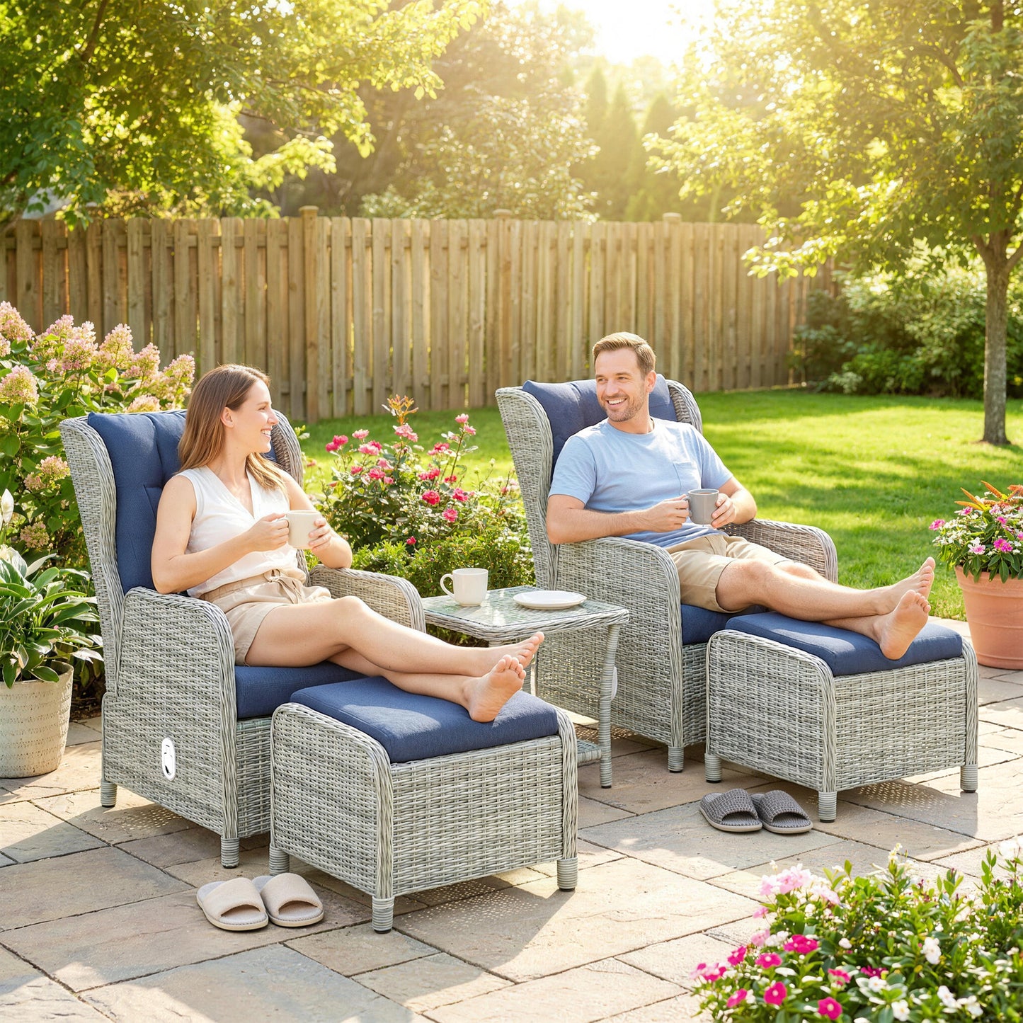 Outsunny 5 Piece Garden Furniture Set With Rattan Reclining Chairs Footstools Cushions With Table For Balcony Dark Blue