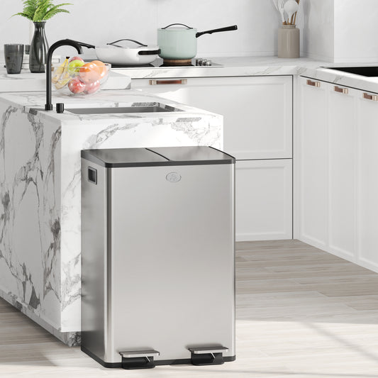 HOMCOM 56L Dual Compartment Stainless Steel Bin With Deodoriser Holders Silver Tone