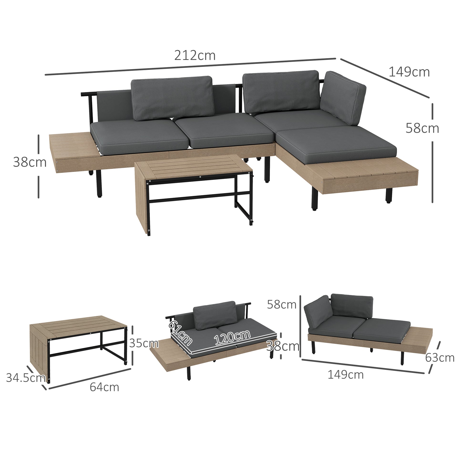 Outsunny L-Shaped 3-Piece Garden Couch Set with Cushions and Table for Patio and Poolside Relaxation - ALL4U RETAILER LTD