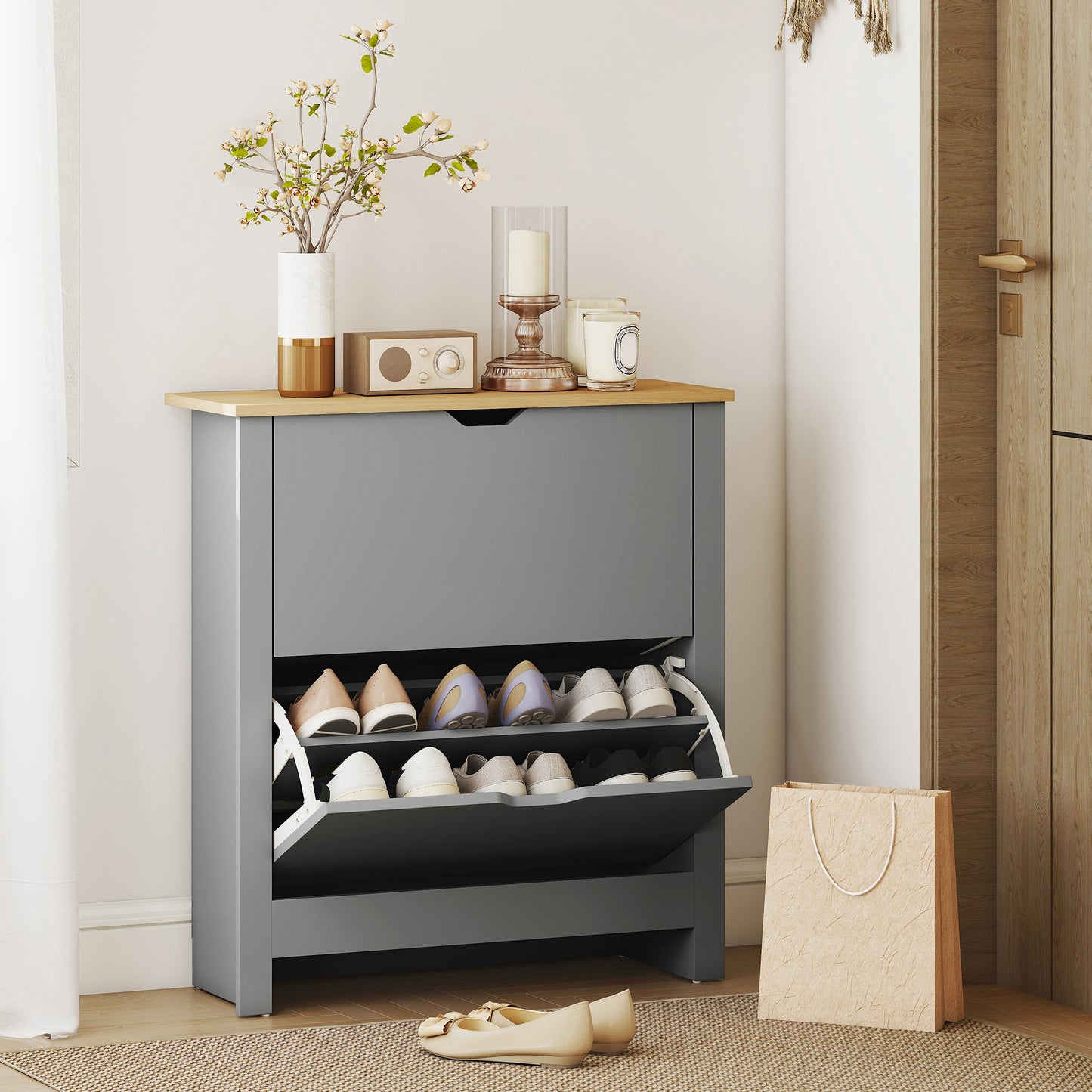 HOMCOM Slim Shoe Cabinet Narrow Shoe Cupboard With 2 Flip Drawers Adjustable Shelves For 12 Pairs Of Shoes Light Grey