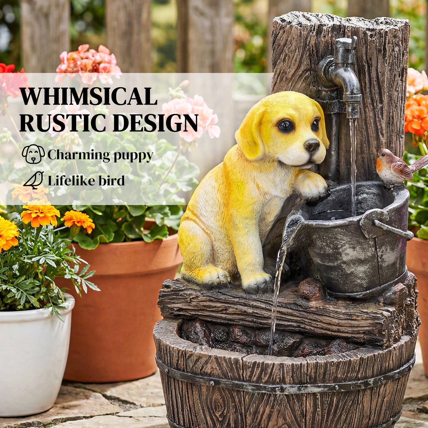 Outsunny 3 Tier Rustic Puppy Garden Water Feature Freestanding Resin With LED Lights Adjustable Flow Rustic Brown