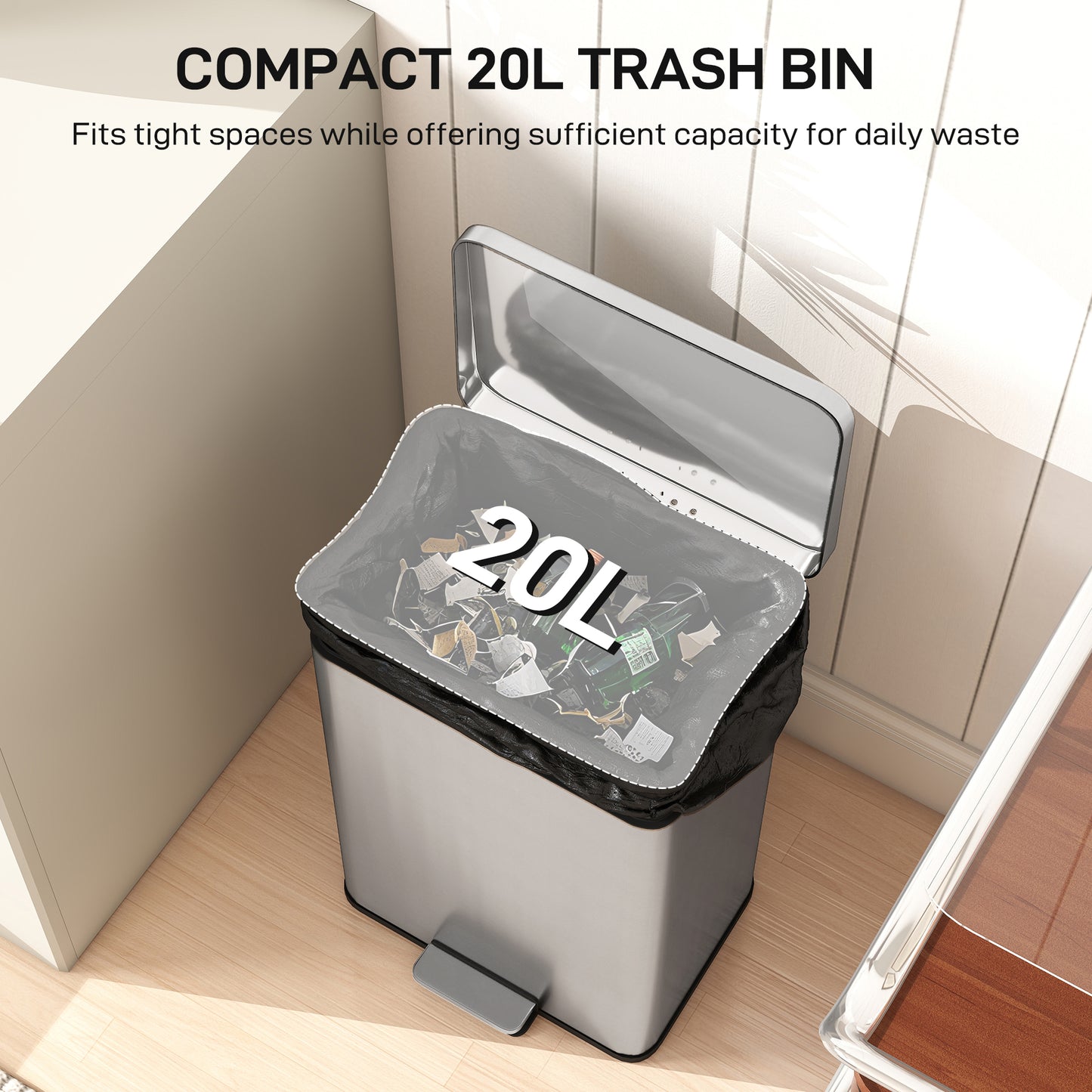 HOMCOM 20L Stainless Steel Pedal Kitchen Bin With Soft Close Lid Stay Open Function Removable Inner Bucket